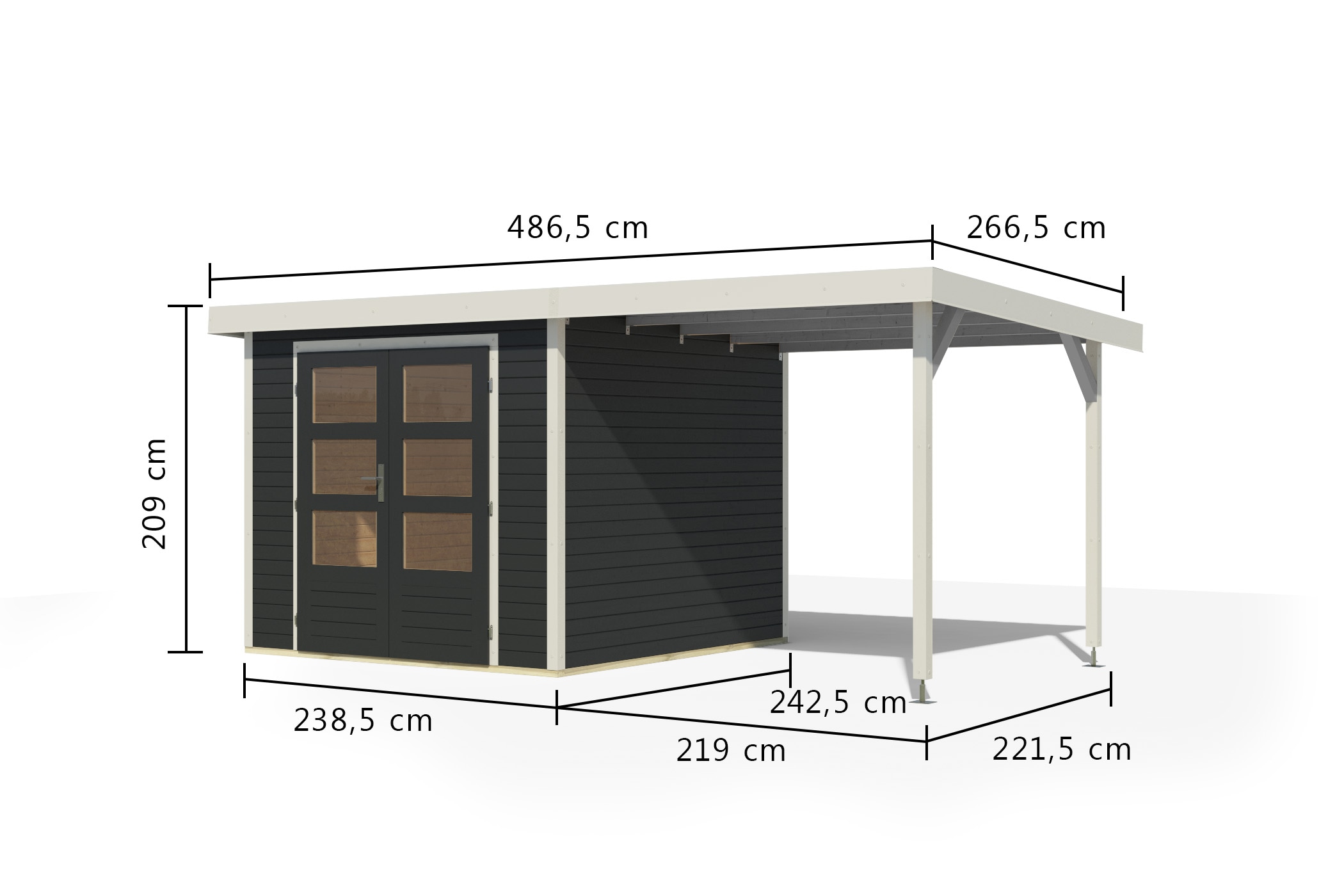 Karibu Gartenhaus »"Jupiter 3,5 C" SET anthrazit, mit Anbaudach 2,35 m breit«, hochwertige Materialien: nordische Fichte, Stahlecken, Trapezblechdach