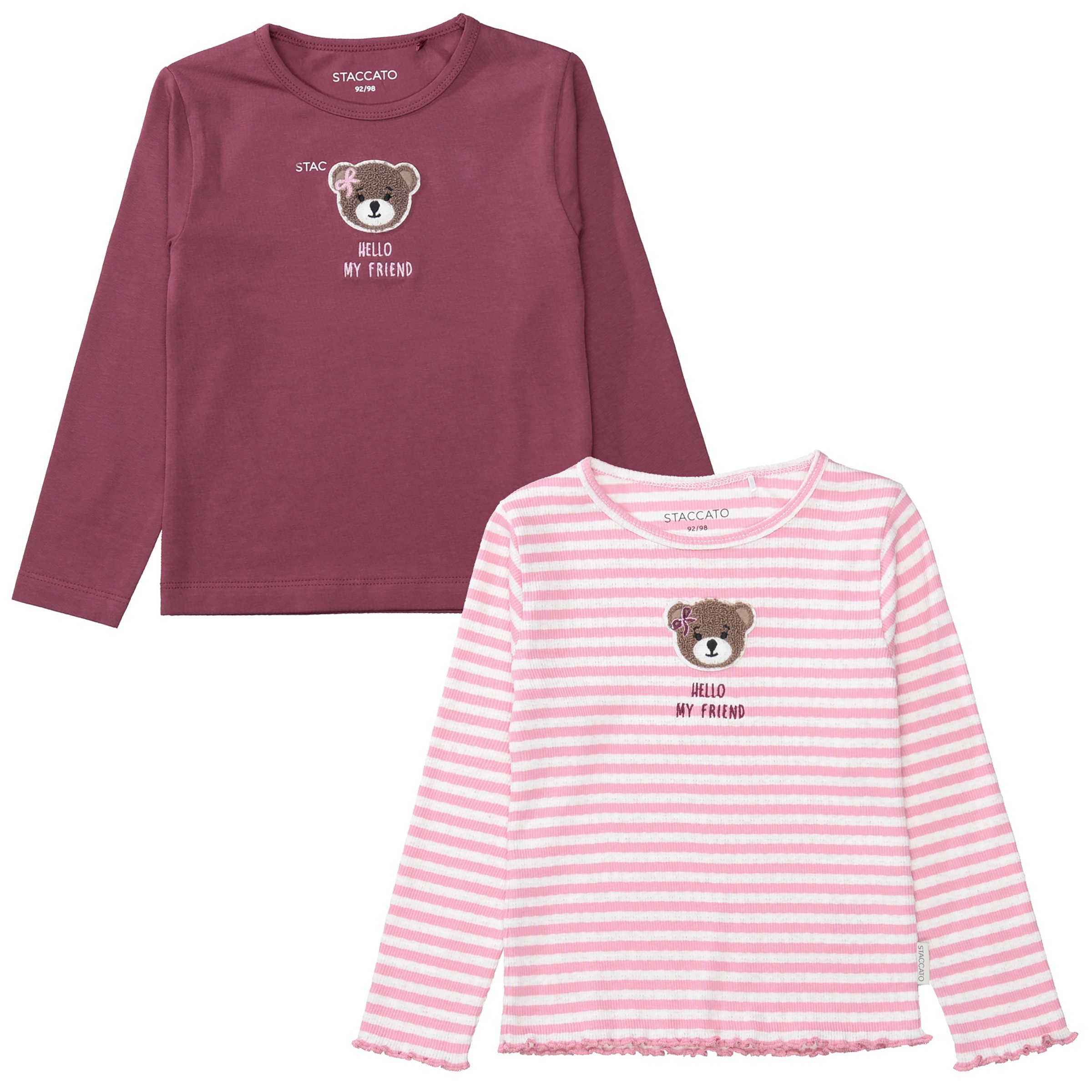 STACCATO Langarmshirt 2 2er Pack / gestreift-unifarben / Bärchen-Aufnäher / für Girls