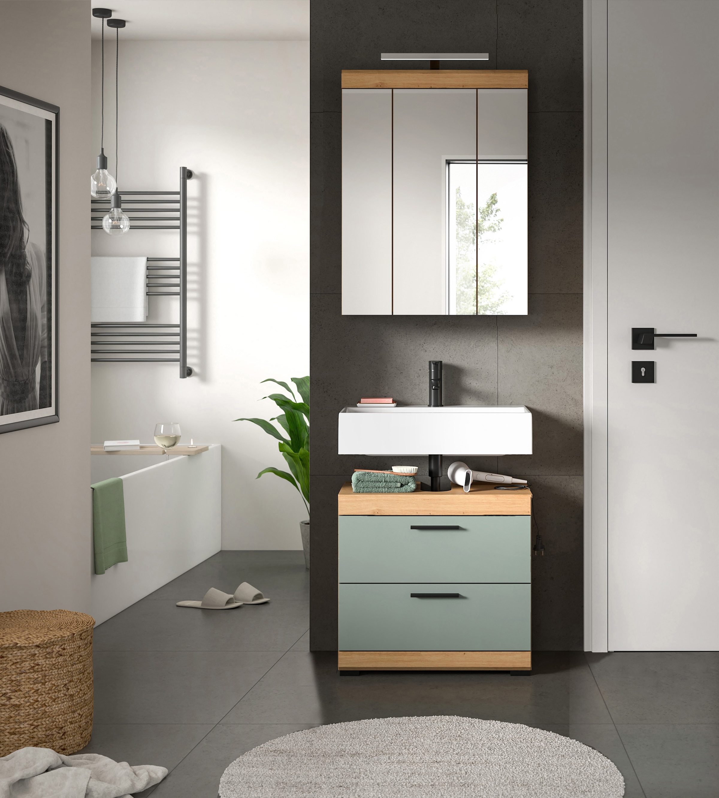 INOSIGN Badmöbel-Set »Siena, 2 teilig, inklusive LED Beleuchtung, bestehend aus:«, (Set), Waschbeckenunterschrank, Spiegelschrank, LED Badaufsatzleuchte