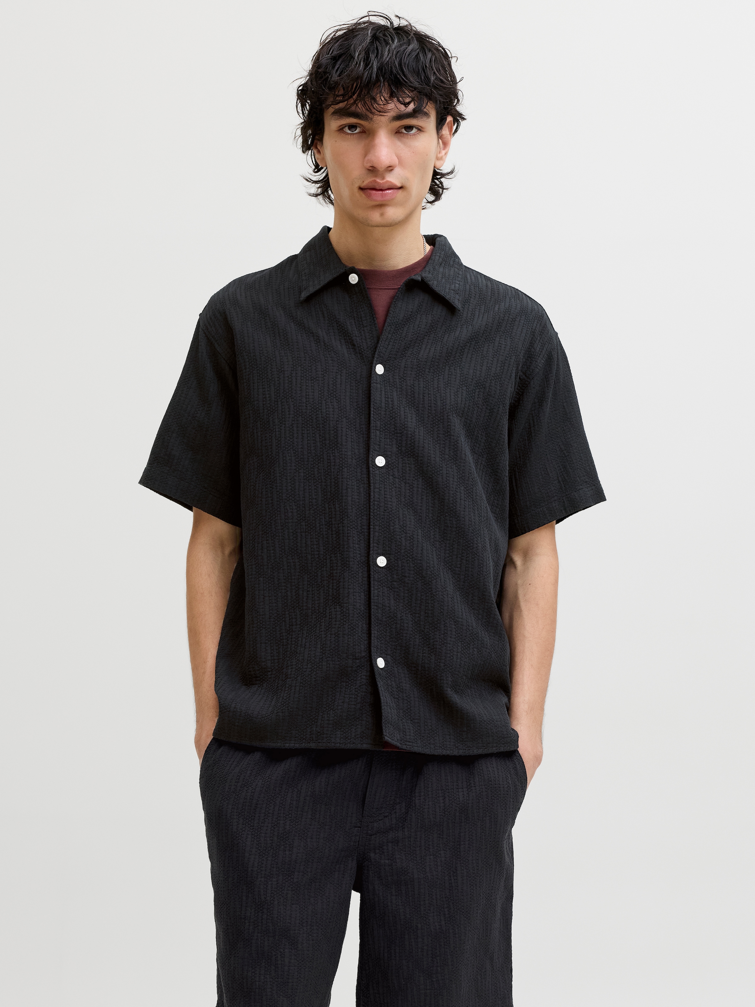 Jack & Jones Chemise à Manches Courtes Montauk Wavy Texture Black S Homme