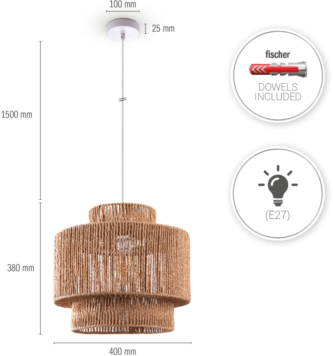 Paco Home Pendelleuchte »Hugo Lupita«, Wohnzimmer Esszimmer Rattan Optik  Boho Lampenschirm Papier | BAUR