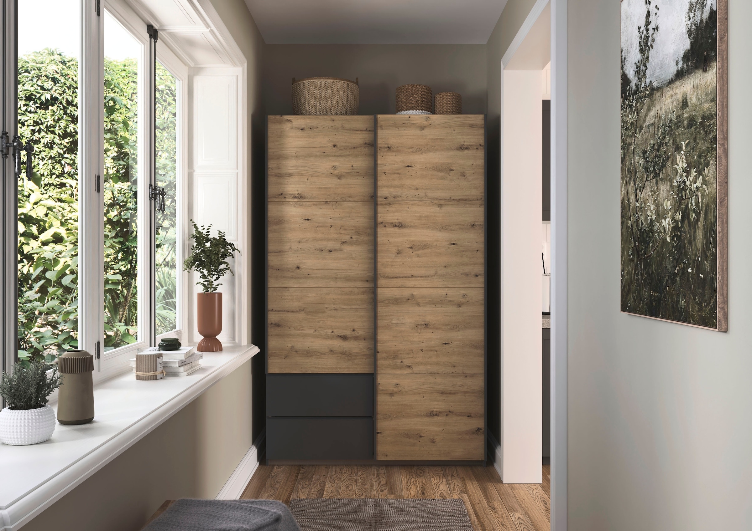 rauch Schwebetürenschrank »Kleiderschrank Schrank Garderobe Wäscheschrank SEVILLA«, (in 3 verschiedenen Ausstattungen BASIC/CLASSIC/PREMIUM), Metall-Griffleisten alufarben oder Graumetallic MADE IN GERMANY