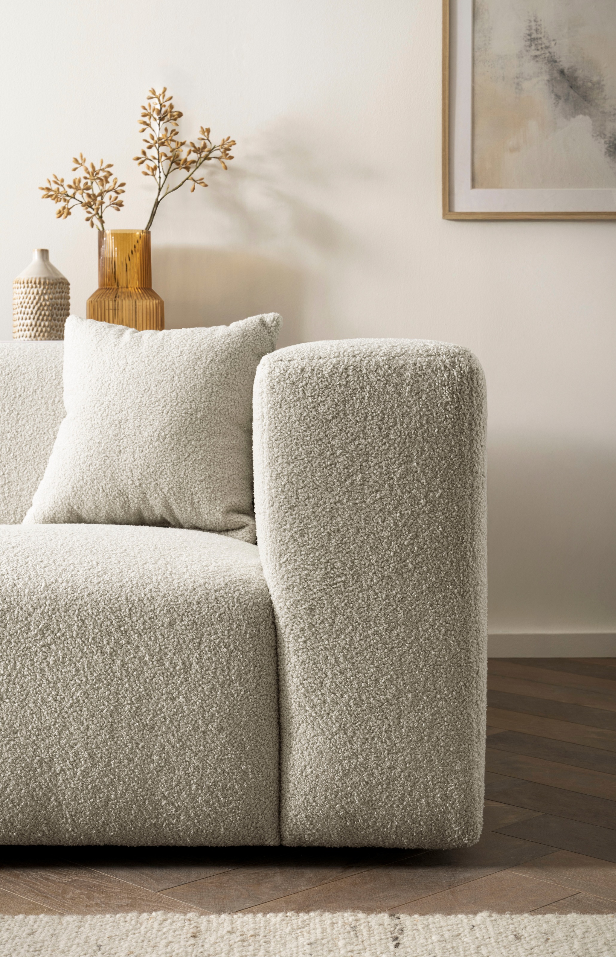 andas Ecksofa »BAKELS, L-Form in Cord oder Boucle-Stoff, moderne Couch«, wahlweise Recamiere rechts/links, bequemer Sitzkomfort