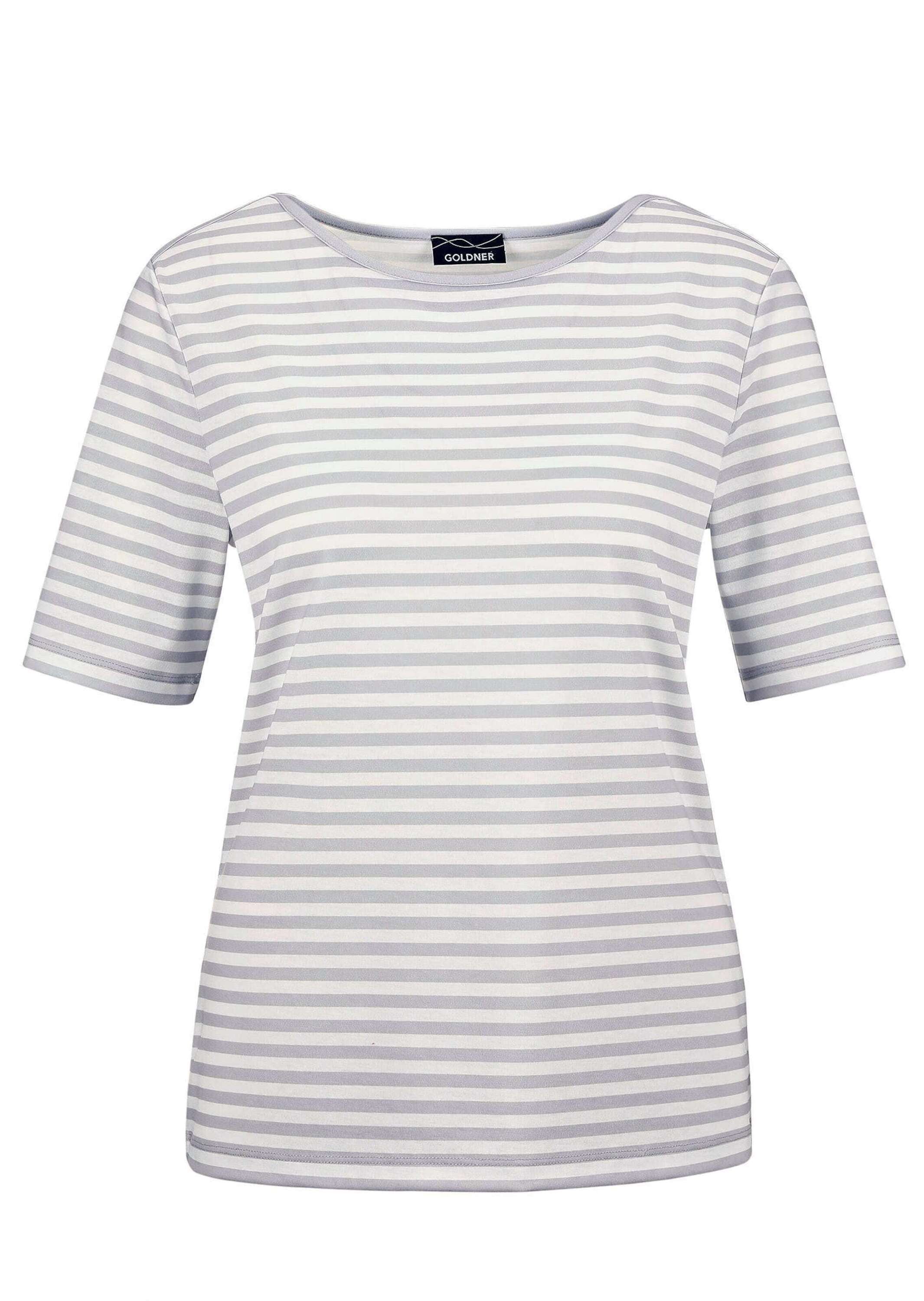 Kurzarmshirt GOLDNER "Kurzgröße Stilvolles Streifenshirt für Damen", Damen, Gr. 21, grau (grau, weiß, geringelt), Obermaterial: 92% Viskose CV. 8% Elasthan EL., gerade, Gerade, Shirts, Blende