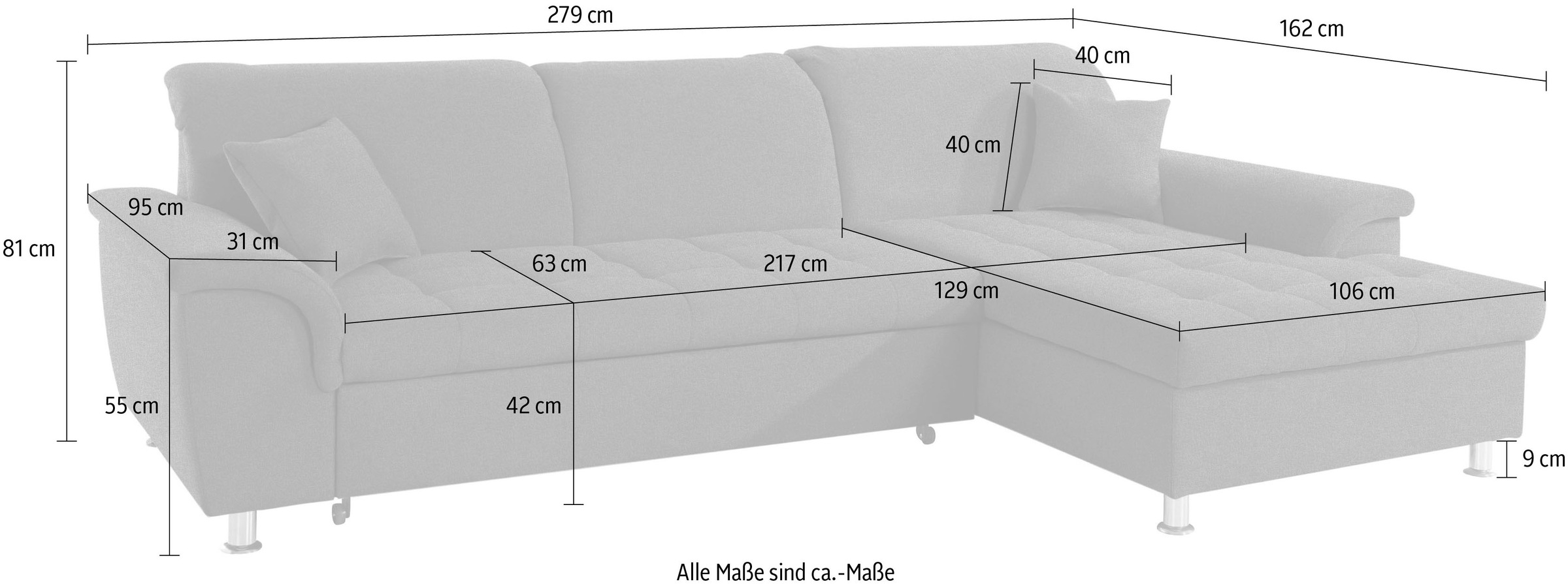 DOMO collection Ecksofa »Franzi, zeitlos und elegant, moderne Sitzheftung, L-Form«, wahlweise mit Kopfteilverstellung (dann Tiefe: 170 cm)