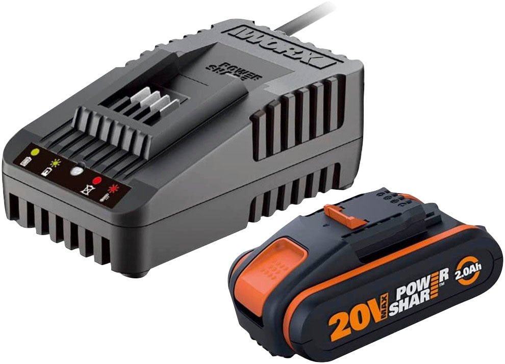 Worx Akku-Set "PowerShare, Akku mit Ladegerät 20V/2Ah" 2.000 mAh für alle 20/40/80V WORX PowerShare Geräte