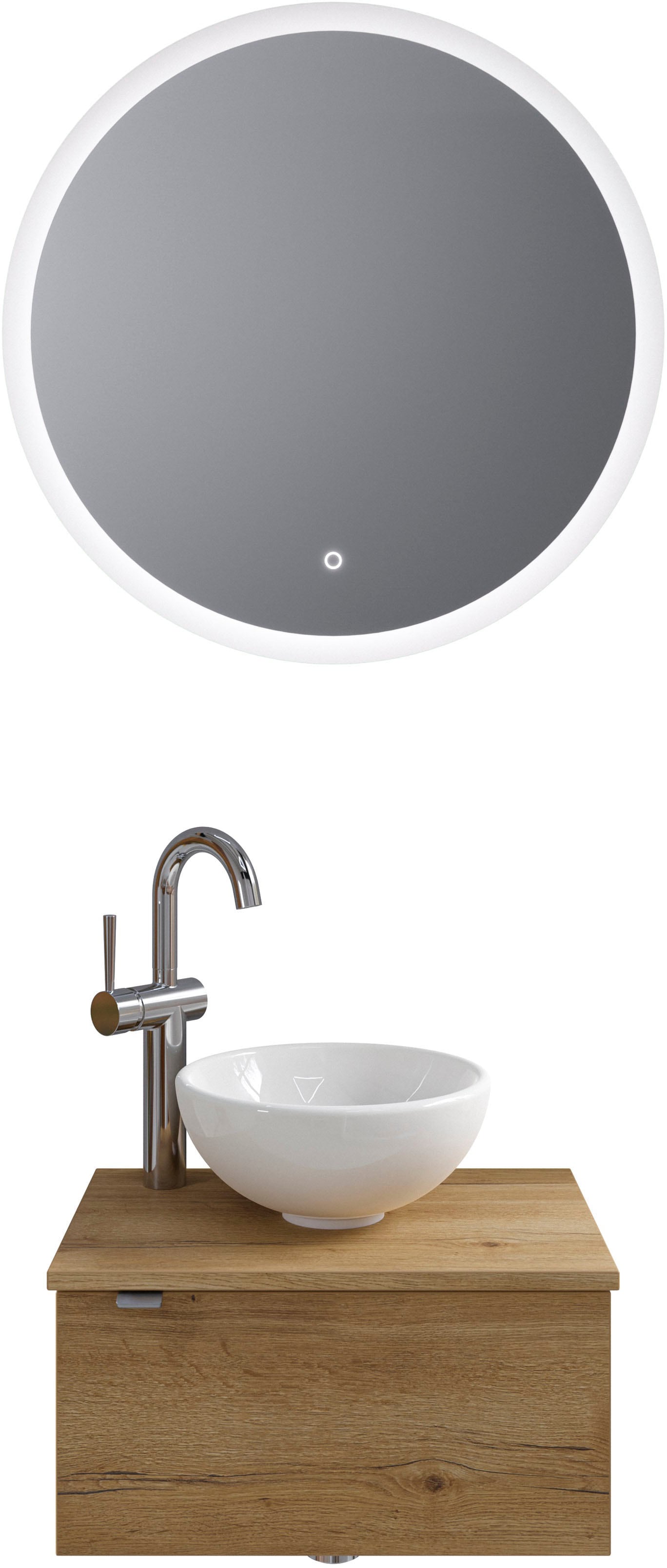 Badmöbel-Set SAPHIR, B:51cm H:200cm T:35cm, braun, Kastenmöbel-Sets, "Serie 6915", Gäste-Bad, mit LED-Spiegel und 1 Tür