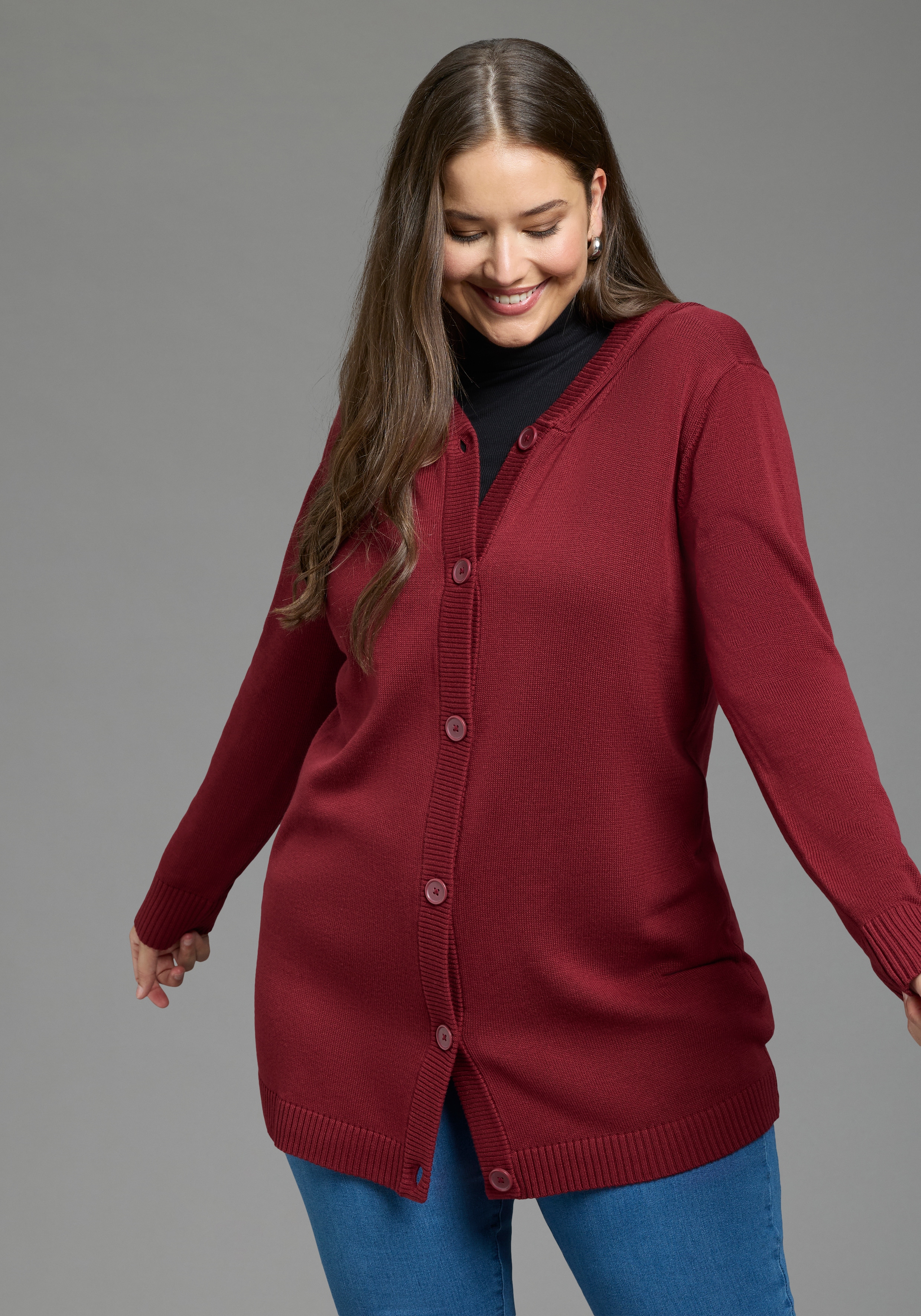 Laura Scott CURVE Kapuzenstrickjacke "Große Größen" mit langem Schnitt, figurumspielende Passform, Kapuze