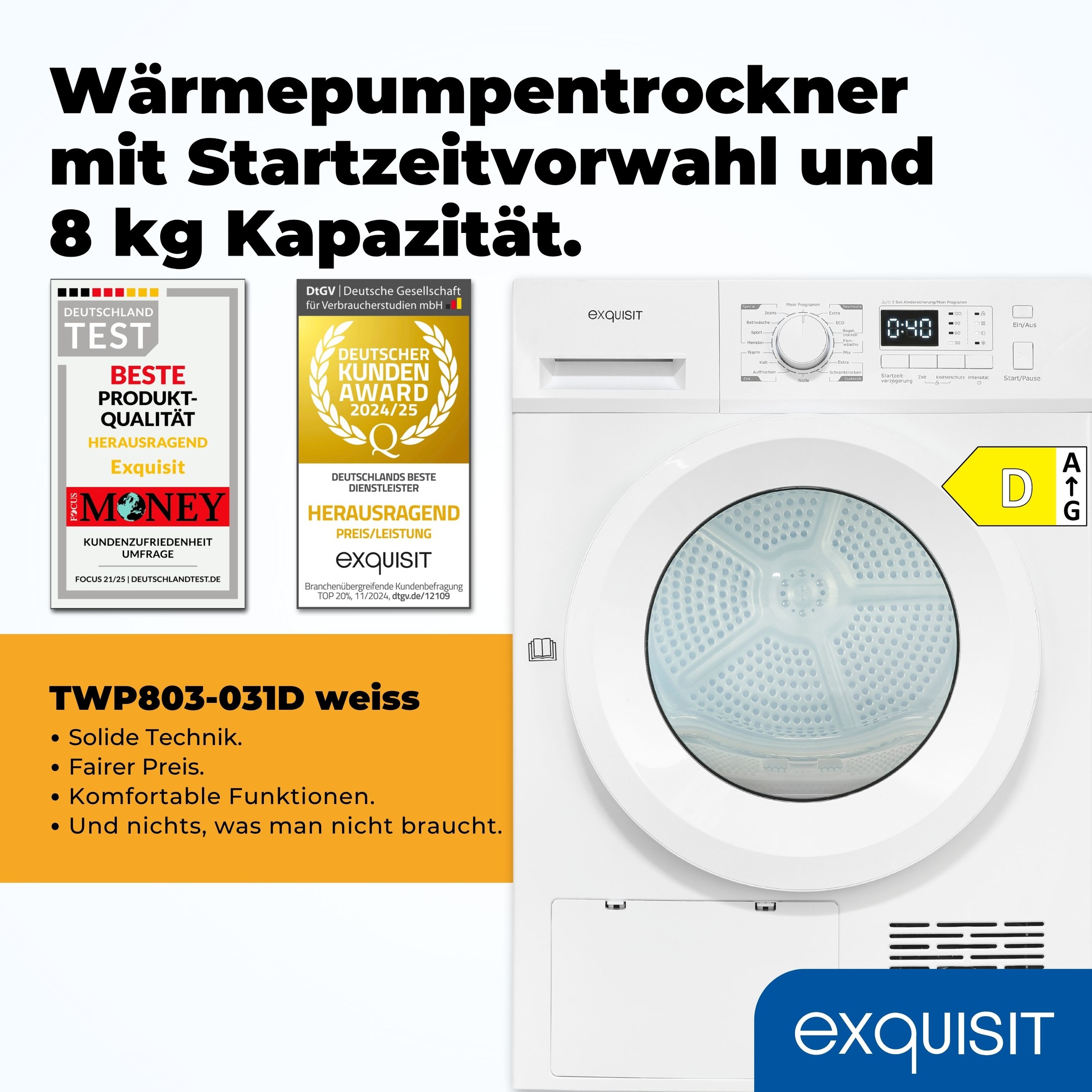 EXQUISIT Wärmepumpentrockner "TWP803-031D weiss", Energieeffizienz: D (A-G), weiß, B:595cm H:850cm T:590cm, Trockner, Wärmepumpentechnologie für weniger Energieverbrauch, sehr sparsam 2