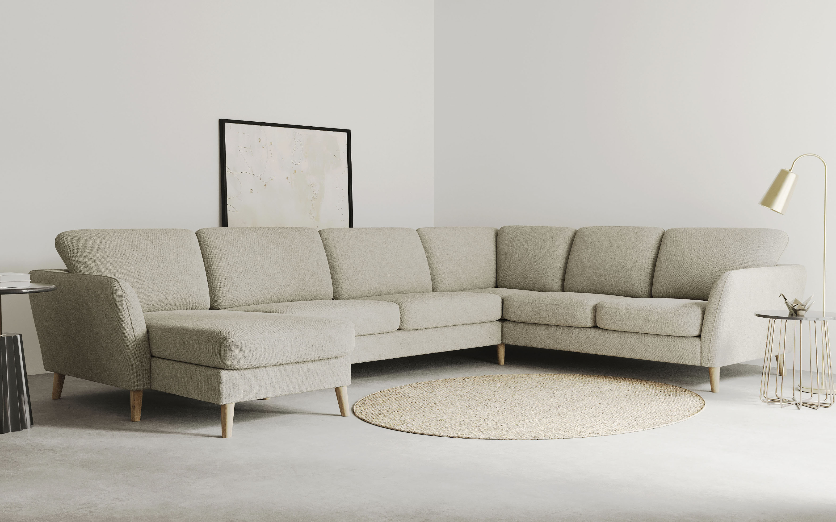 OTTO home Wohnlandschaft "MARSEILLE XXL 349cm, U-Form, Ottomane rechts/links wählbar" Massivholzbeine Eiche, Landhausstil, Wellenunterfederung