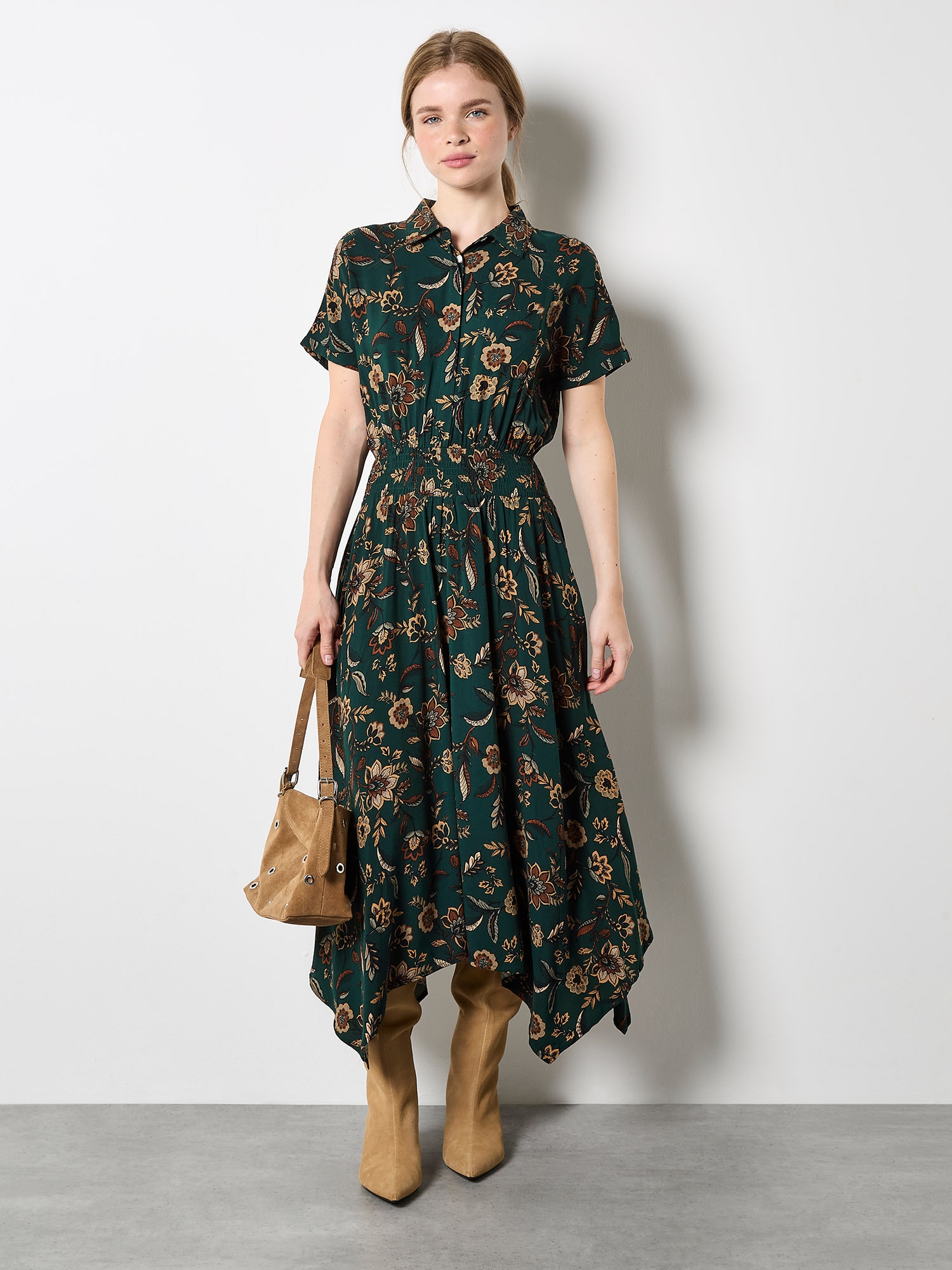 Apricot Midikleid "Florales Midikleid" Eingrifftaschen mit Seitentaschen, mit halber Knopfleiste