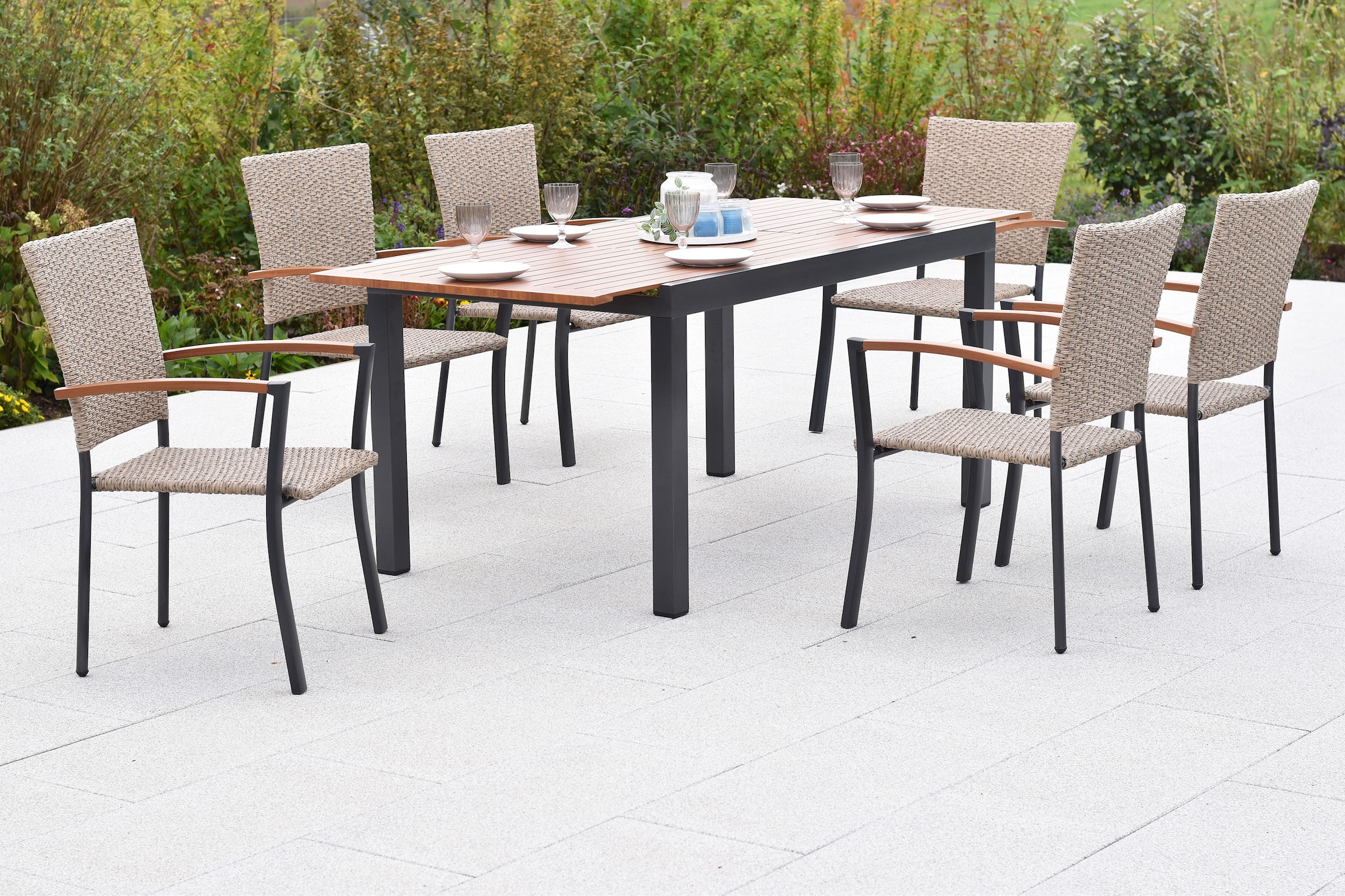 MERXX Garten-Essgruppe »»Teramo««, (Set, 7 tlg.), folierte Applikationen und Tischplatte in Holzoptik