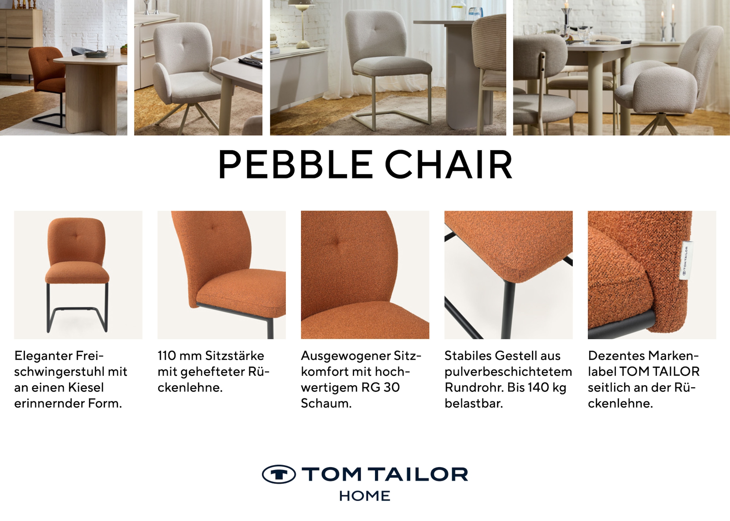 TOM TAILOR HOME Freischwinger »PEBBLE CHAIR« (Set) 2 Stk.Esszimmerstuhl, Freischwinger, 140 kg belastbar, Rundrohrgestell