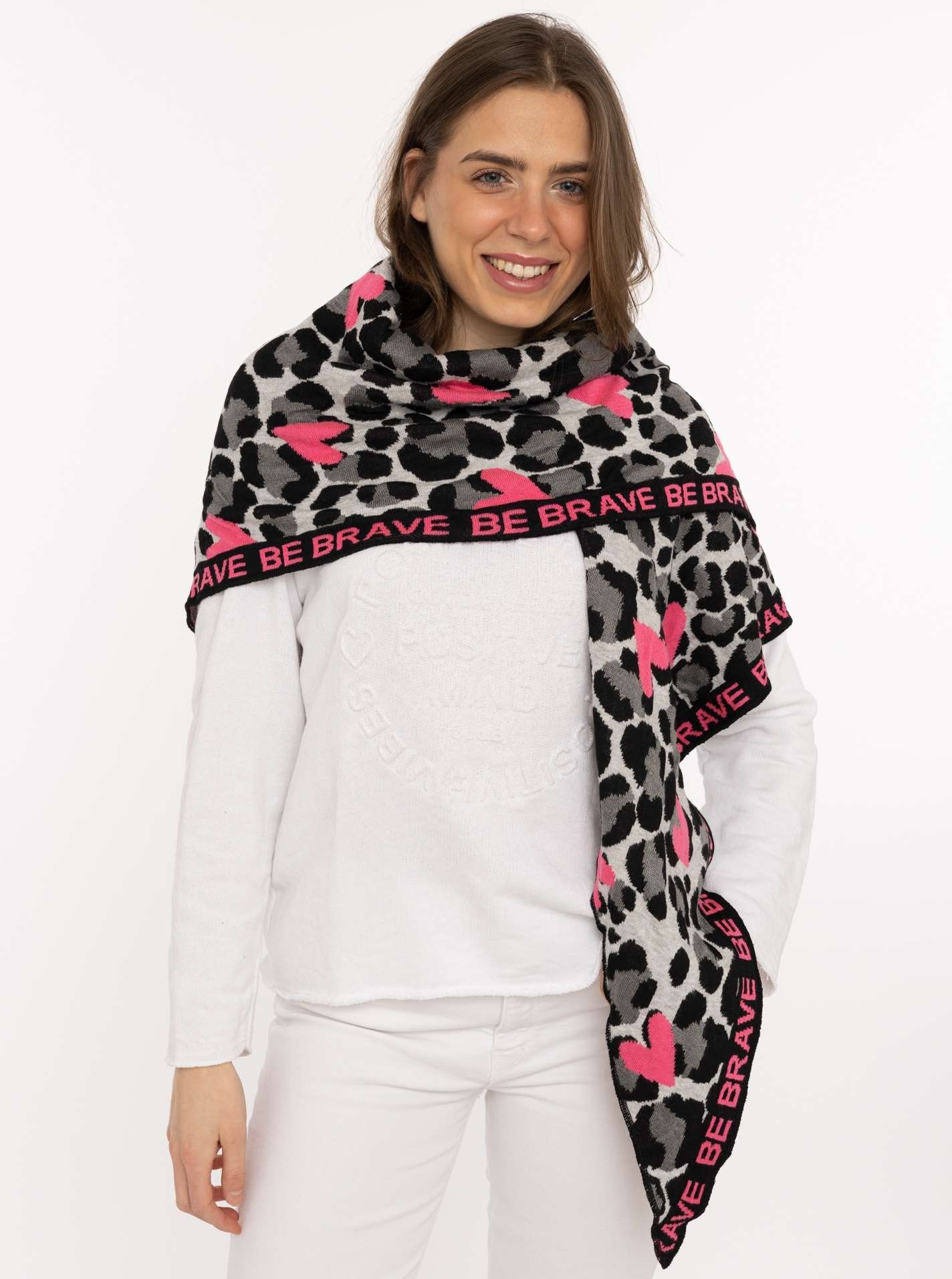 Zwillingsherz Dreieckstuch ""Be Brave"" Leomuster, mit pinken Herzen und Schriftzug, tolles Accessoire