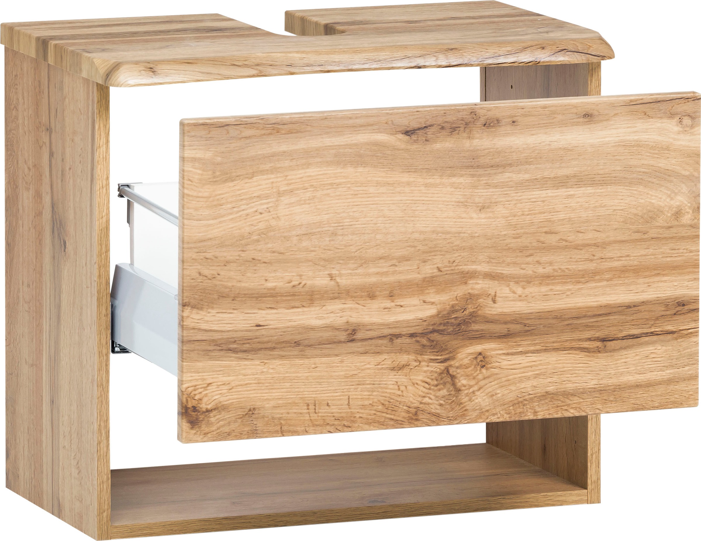 welltime Waschbeckenunterschrank »Stubach«, Bad Schrank, Abdeckplatte mit Baumkante, Breite 60 cm