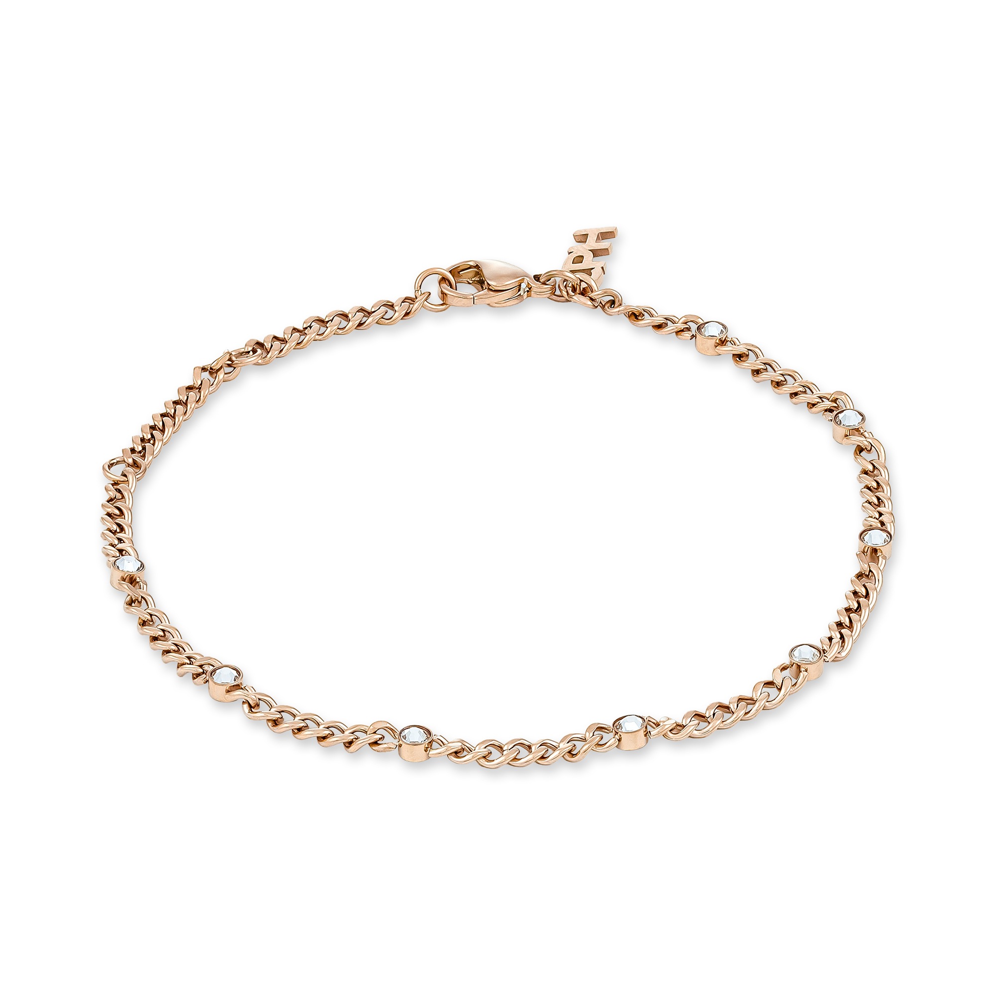 Damen Edelstahlarmband "Schmuck Geschenk Edelstahl Armkette Glittery Cuban", 21cm, Edelstahlroségoldfarben, kristallweiß, kristallweiß, COPENHAGEN