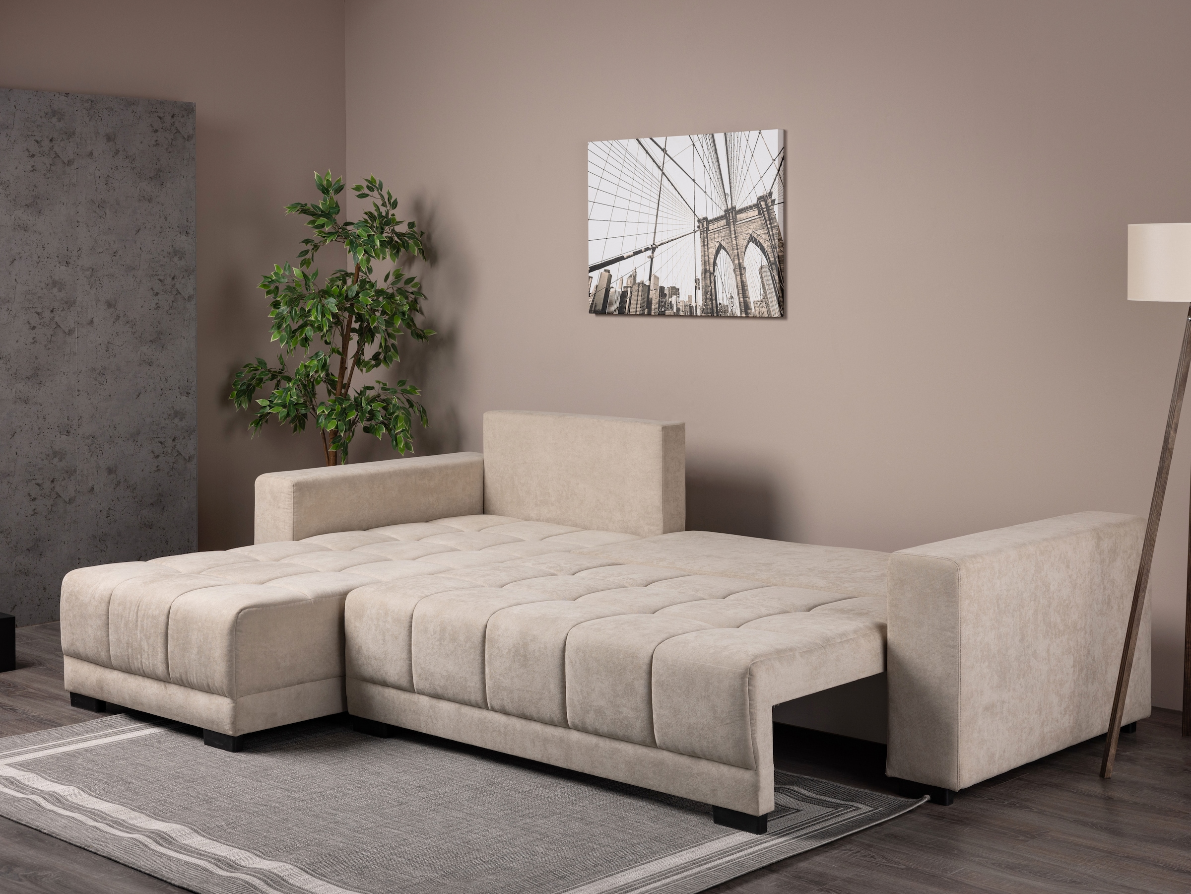 INOSIGN Ecksofa »Langston Schlafsofa, Liegefläche 240 x 140, Struktur fein«, inkl. loser Ruckenkissen, Recamiere beidseitig montierbar, Bettkasten