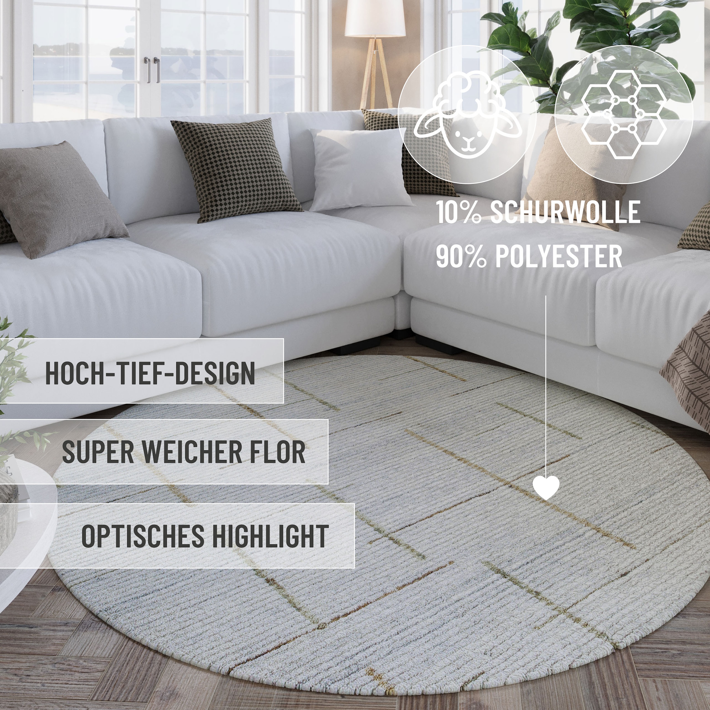 Wecon home Teppich »Hamptons TWENTYTWO«, rund, 10 mm Höhe, Fasermix, Kurzflor, Wohnzimmer, elegant, geometrisches Muster
