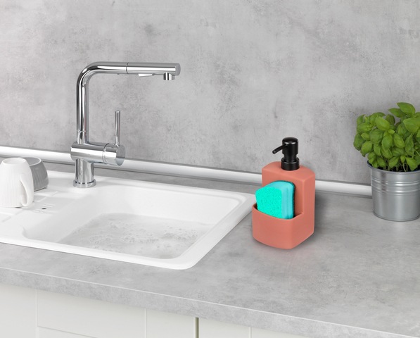 WENKO Spülmittelspender »Modell Festival«, aus Keramik, Soft-Touch Beschichtung, mit Spülschwamm-Fach, 380 ml
