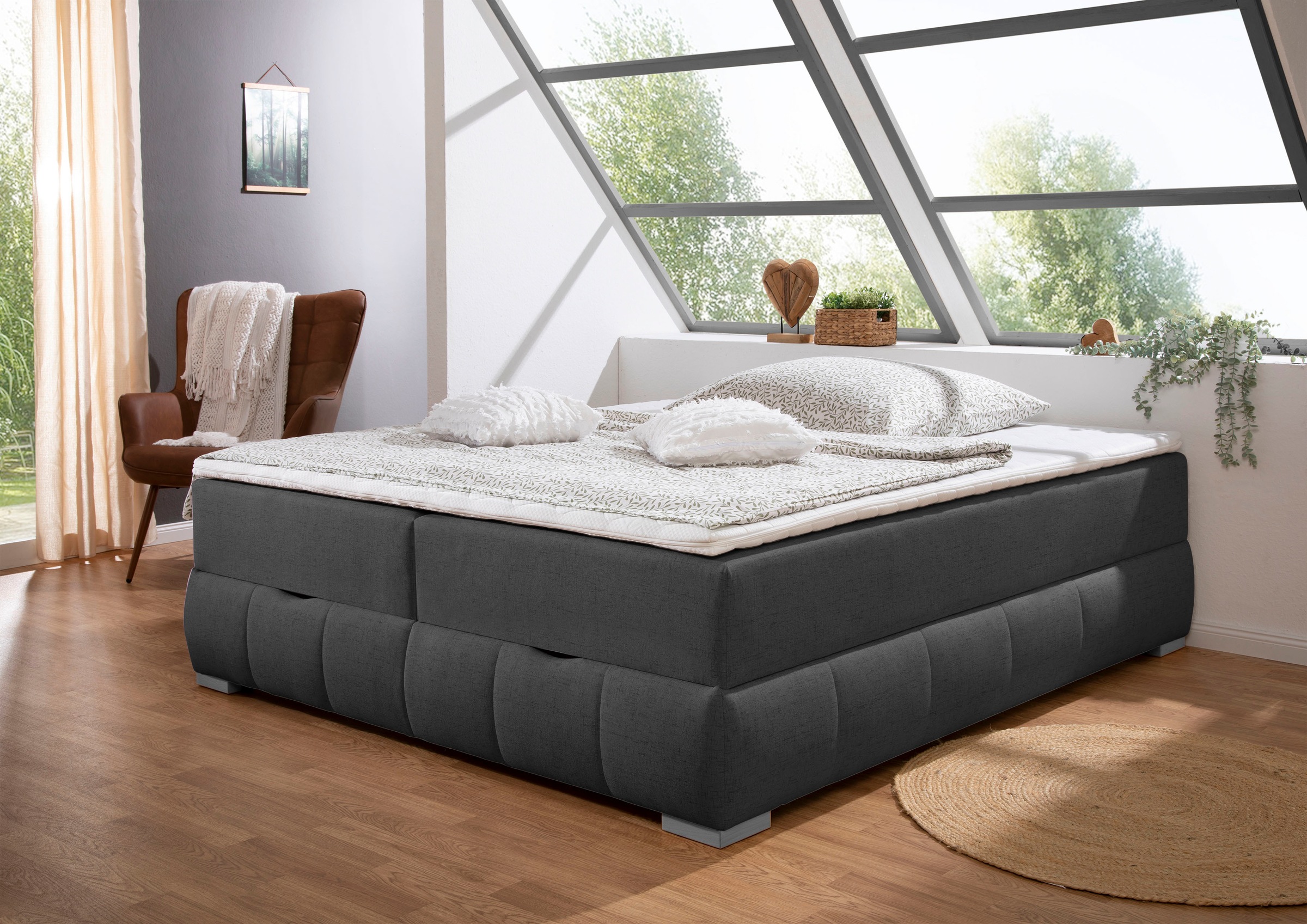 Boxbett OTTO HOME "Wehma", anthrazit, B:164cm L:224cm, Komplettbetten, in H2, H3 & H4 wählbar, inklusive Topper