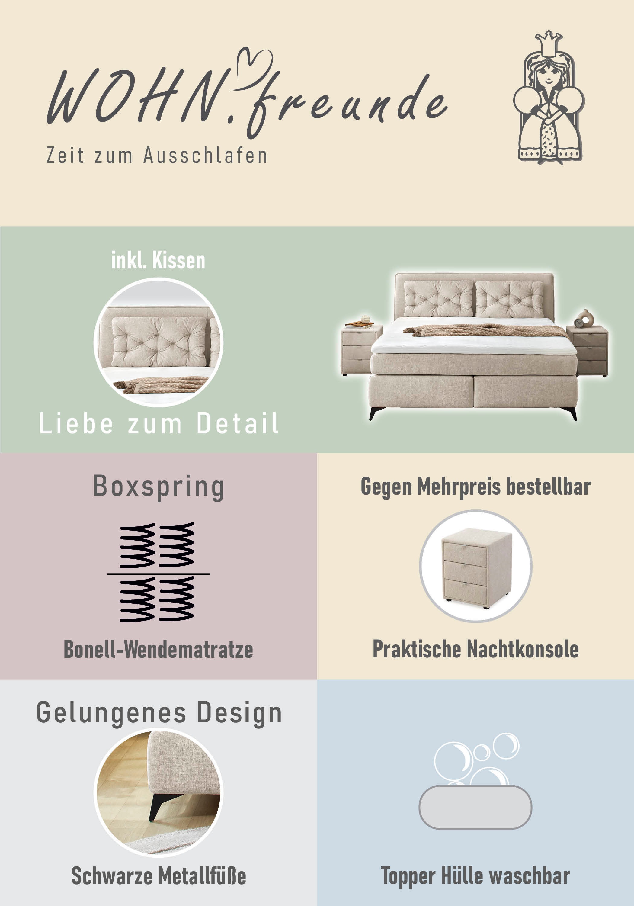 Jockenhöfer Gruppe Boxspringbett »Chalet, inklusive Kissen«, Wende-Bonell-Federkern-Matratze (H2/H3), PU-Schaum Topper