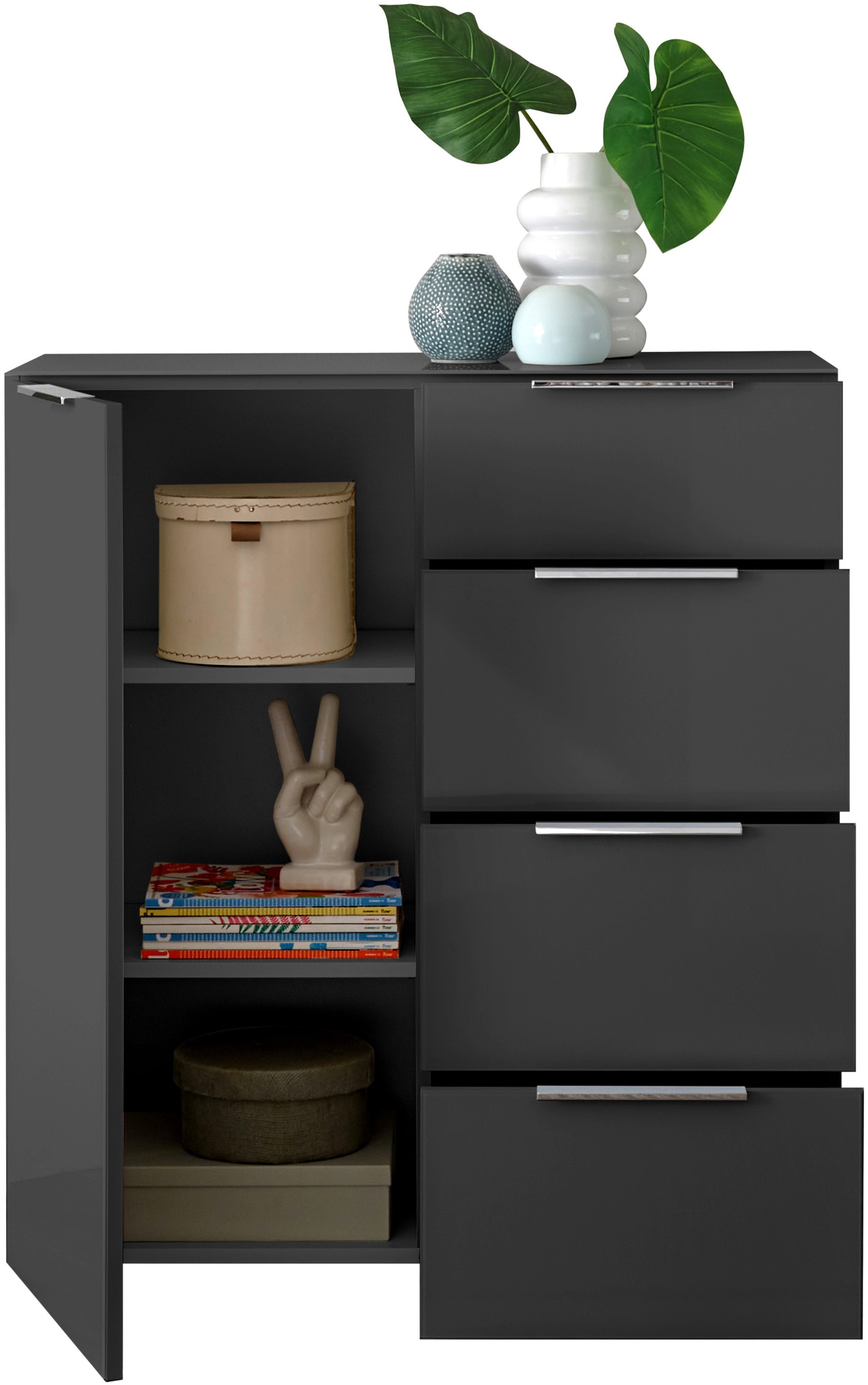 HBZ Sideboard »Santorin Mehrzweckschrank-Universalschrank, BxHxT 90x99x40 cm«, (1 St.), Mit 1 Tür und 4 Schubkästen mit Softclose, Glasfront und Glasoberboden