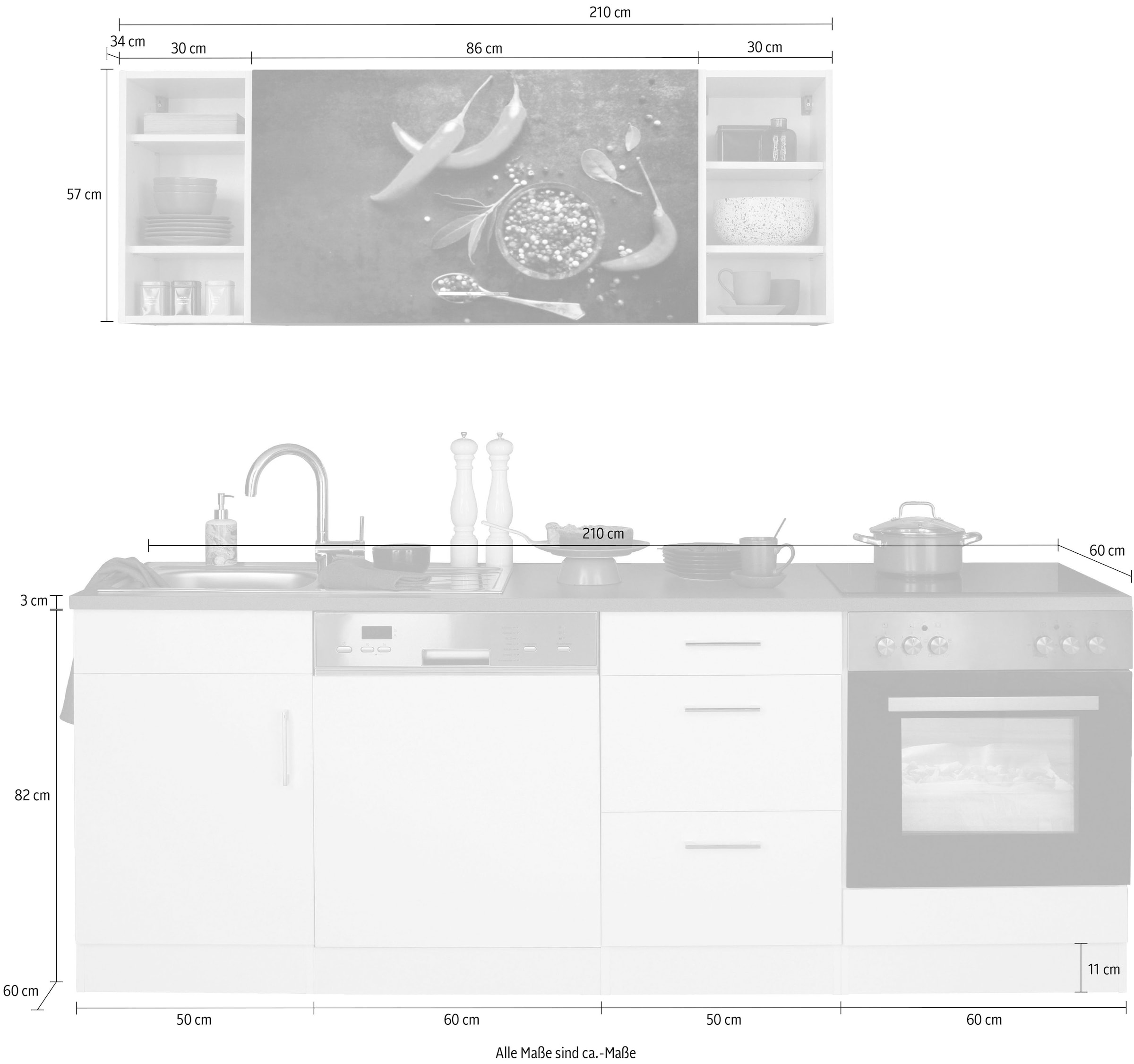 KOCHSTATION Küchenzeile »KS-Paris« ohne E-Geräte, Breite 220 cm