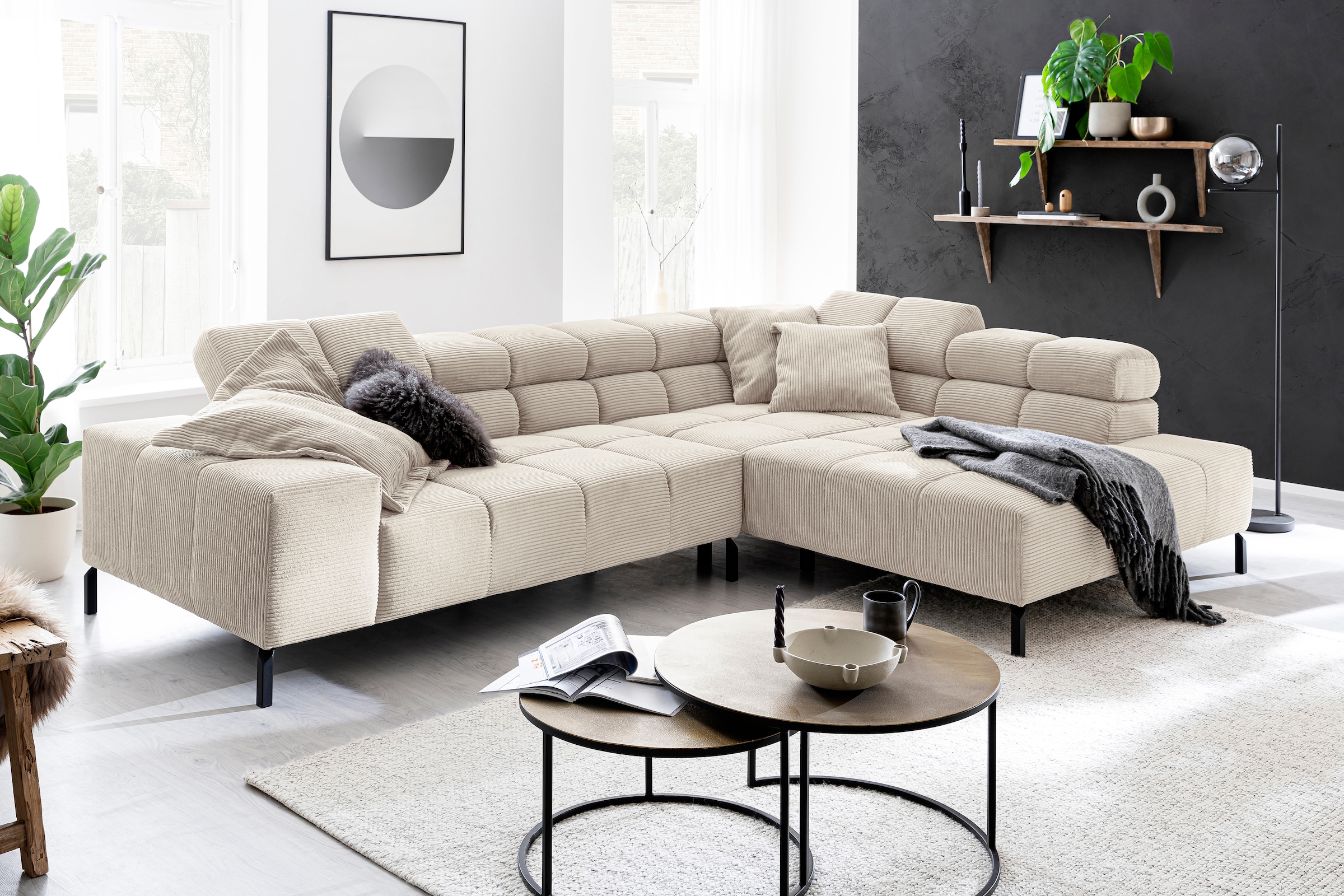Home affaire Ecksofa "Ancona New, wahlweise motorische Sitztiefenverstellung, auch in Cord" feine Steppung, mit Kopfteilverstellung, 3 Zierkissen, L-Form