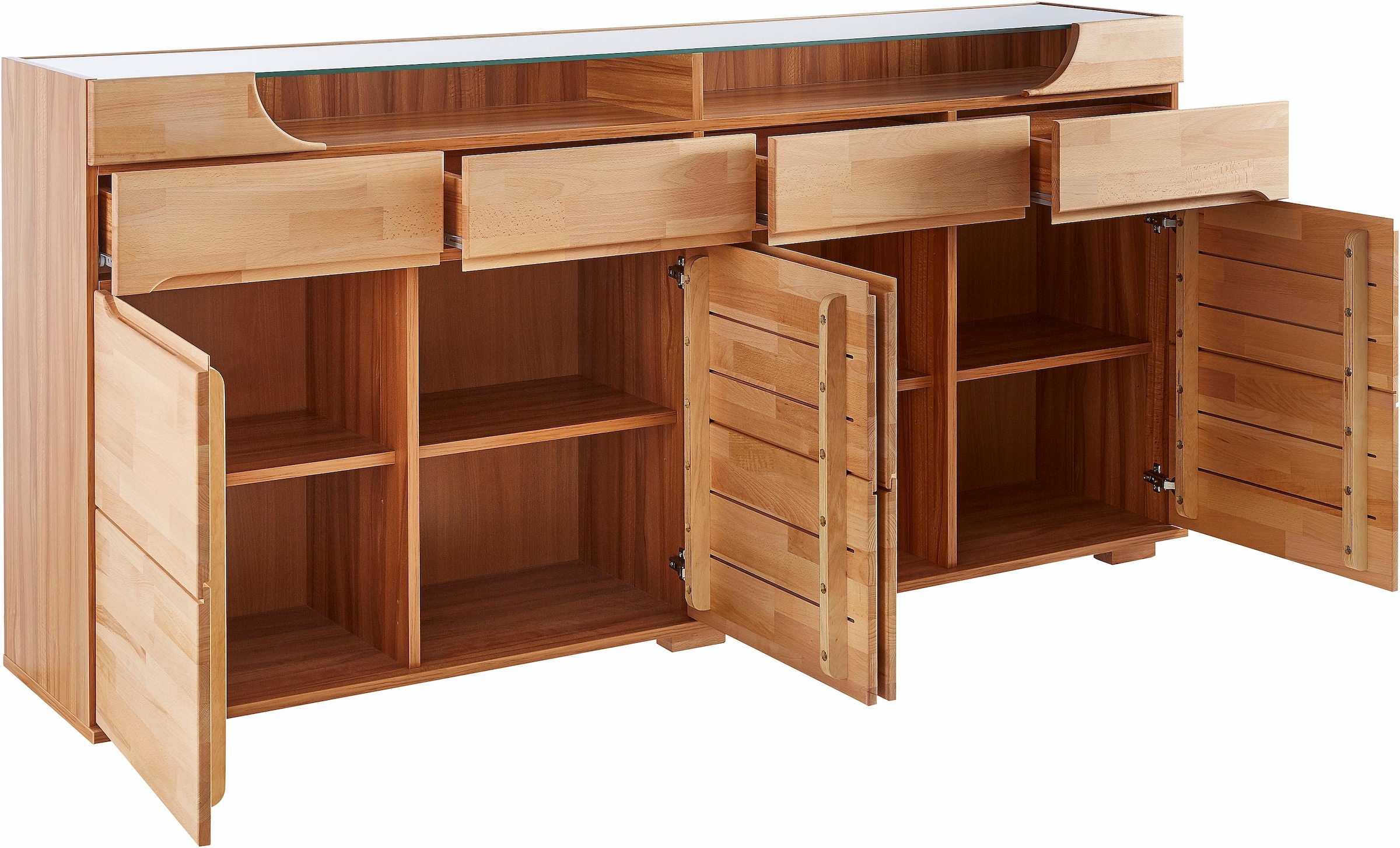 Home affaire Sideboard »Vetro,200cm breit,40 cm tief,4 Schubladen Oberplatte aus Glas«, Kernbuche massiv, Holzwerkstoff, 4Türen,4 Schubladen, Griffmulden