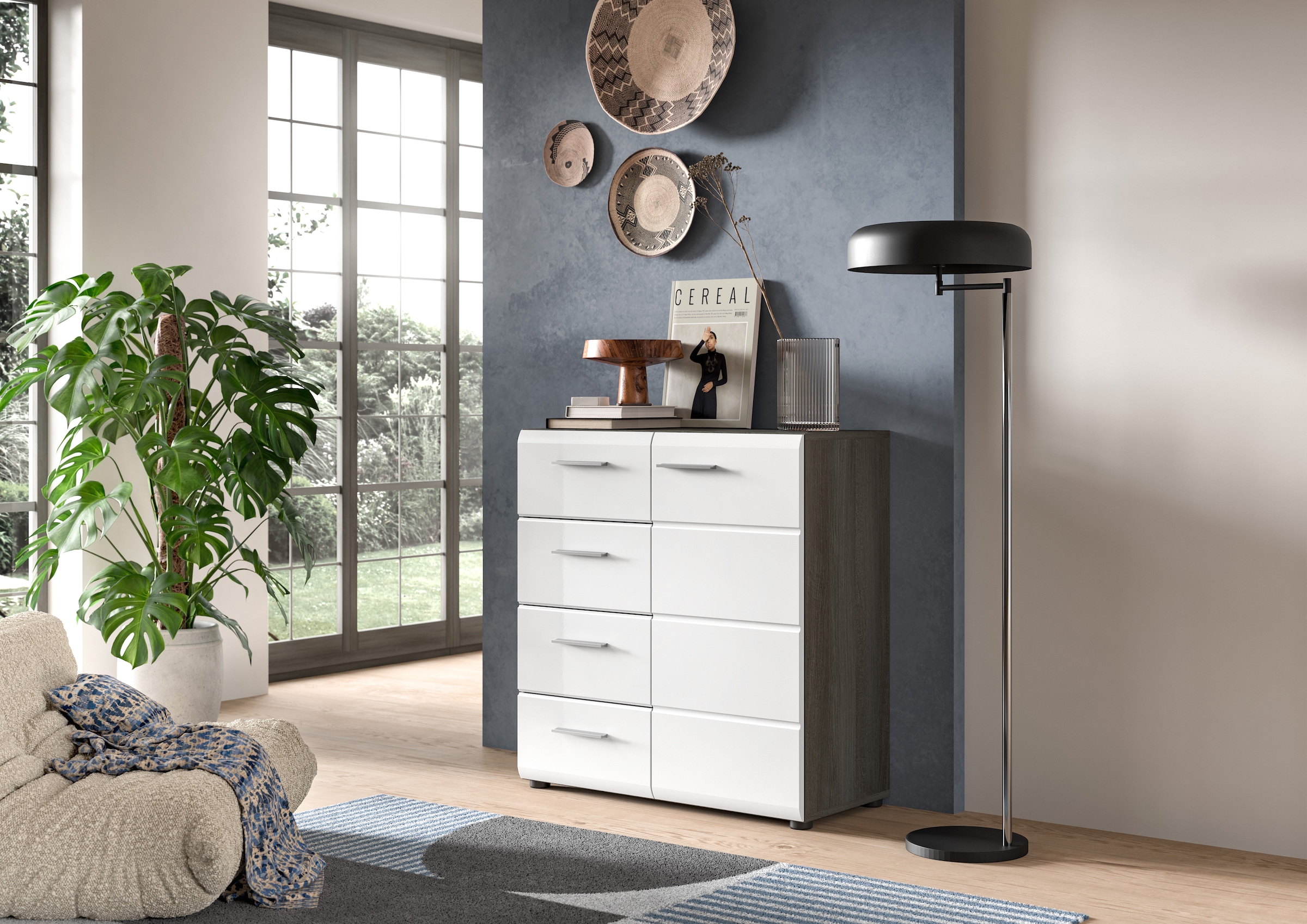 INOSIGN Kommode "Rumba, Breite 80cm, in Rauchsilber Nachbildung/Weiß Hochgl günstig online kaufen