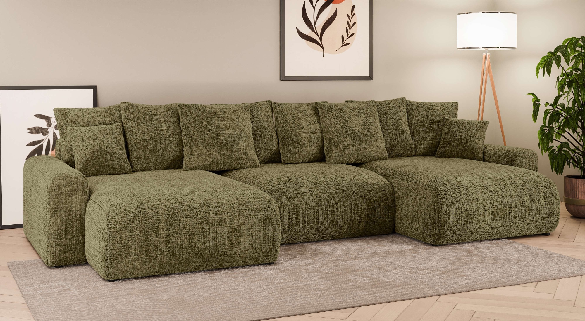 Home affaire Wohnlandschaft »LAKESIDE mit Bettfunktion und Bettkasten, Maße B/T/H: 332,5/142/84 cm«, U‑Form mit vielen Kissen und Wellenunterfederung