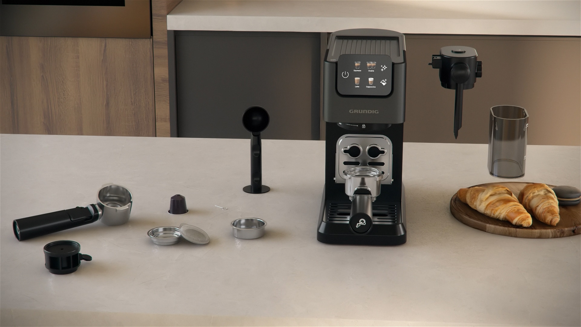 Grundig Siebträgermaschine »KSM 6430«, mit integriertem Milchbehälter, geeignet für Kaffeepads und Kapseln