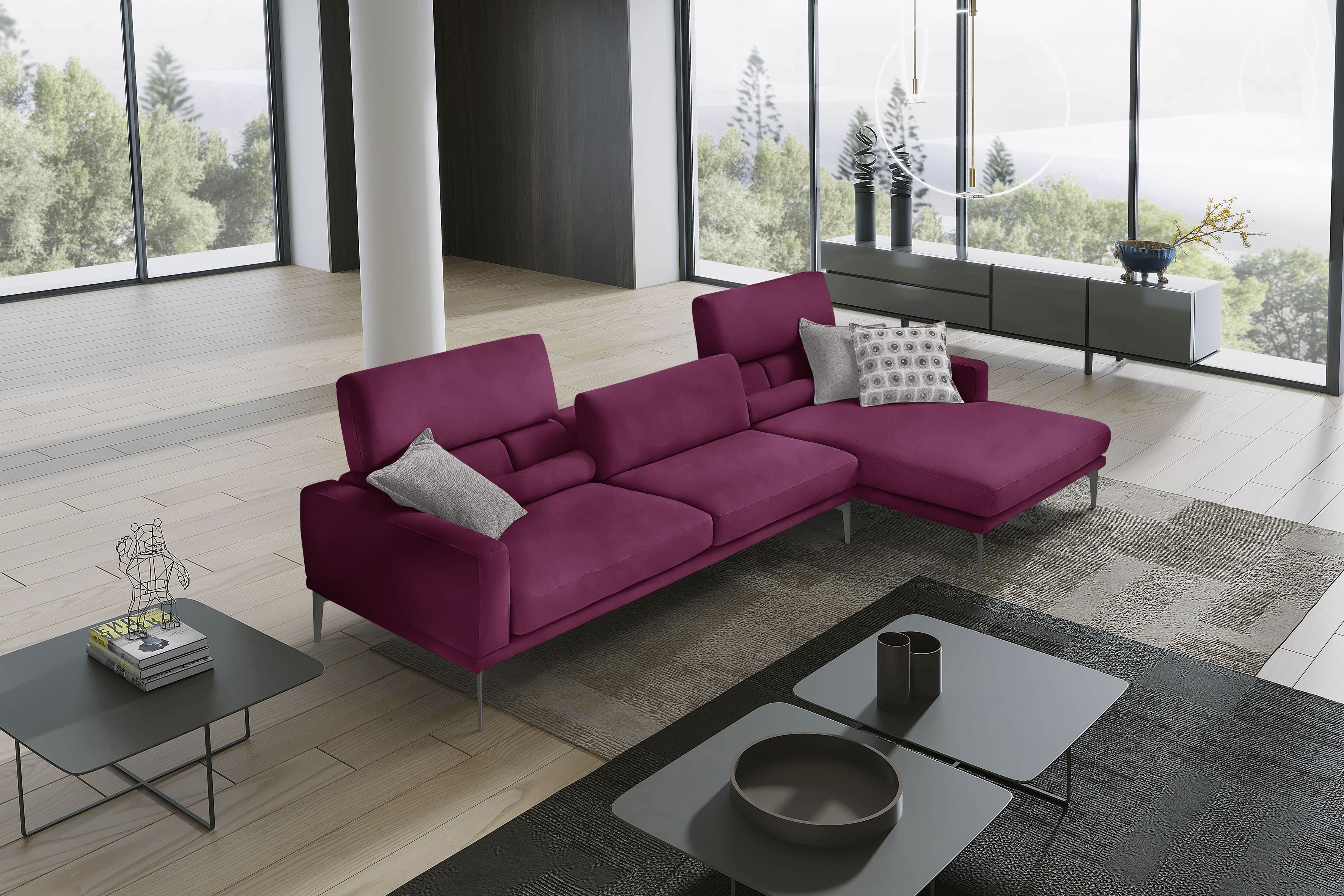 Egoitaliano Ecksofa "Masu, Design trifft sensationellen Sitzkomfort, Breite 277cm, L-Form" inkl. 2 Kissenrollen, Rückenelemente manuell verstellbar, Metallfüße