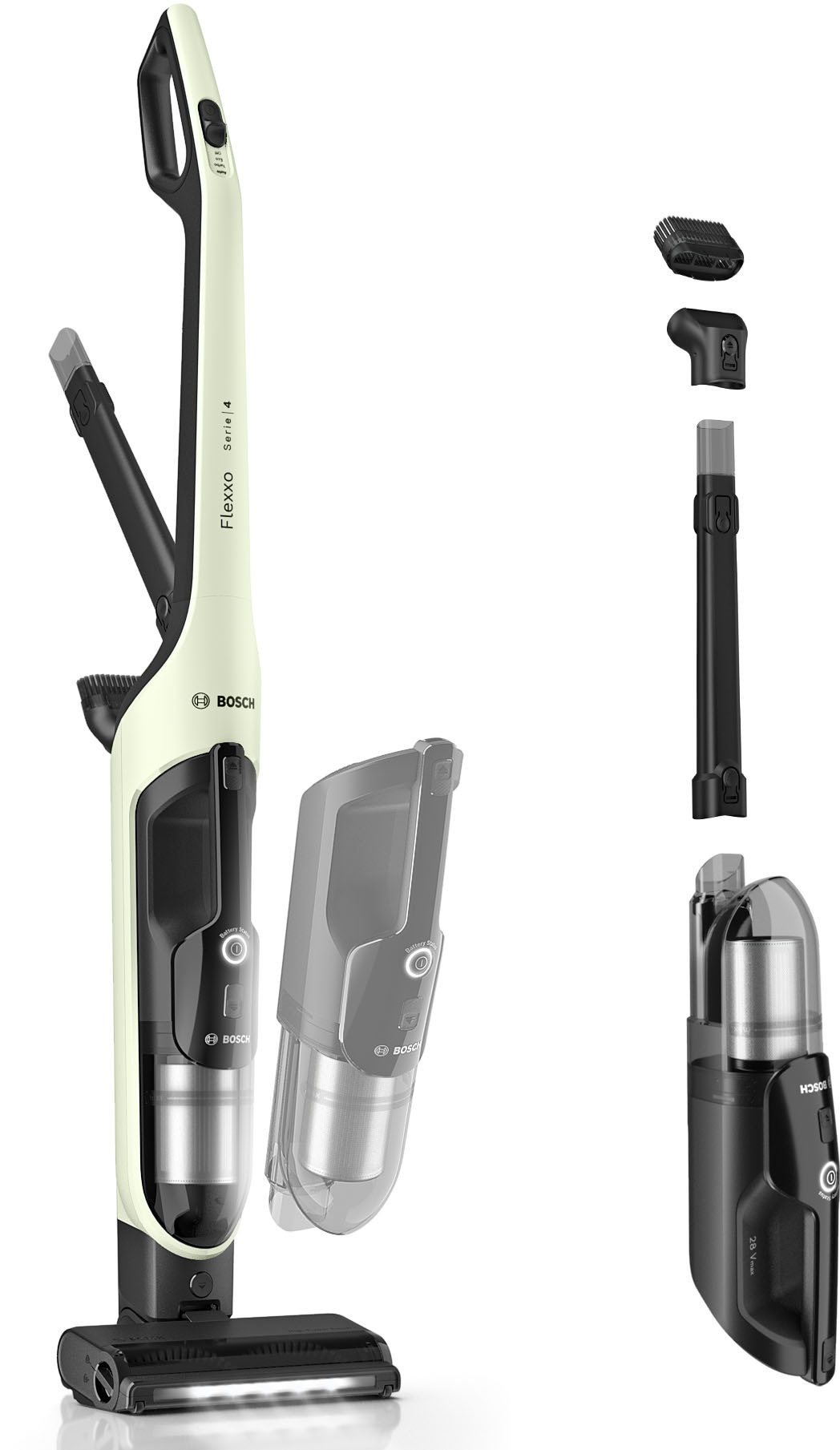 BOSCH Akku-Stielstaubsauger "Flexxo Serie 4 BCH4FM28/BCH4SM28, 2in1 Akku-Staubsauger, freistehend" kabellos, integriertes Zubehör, beutellos, 60 Min. Laufzeit
