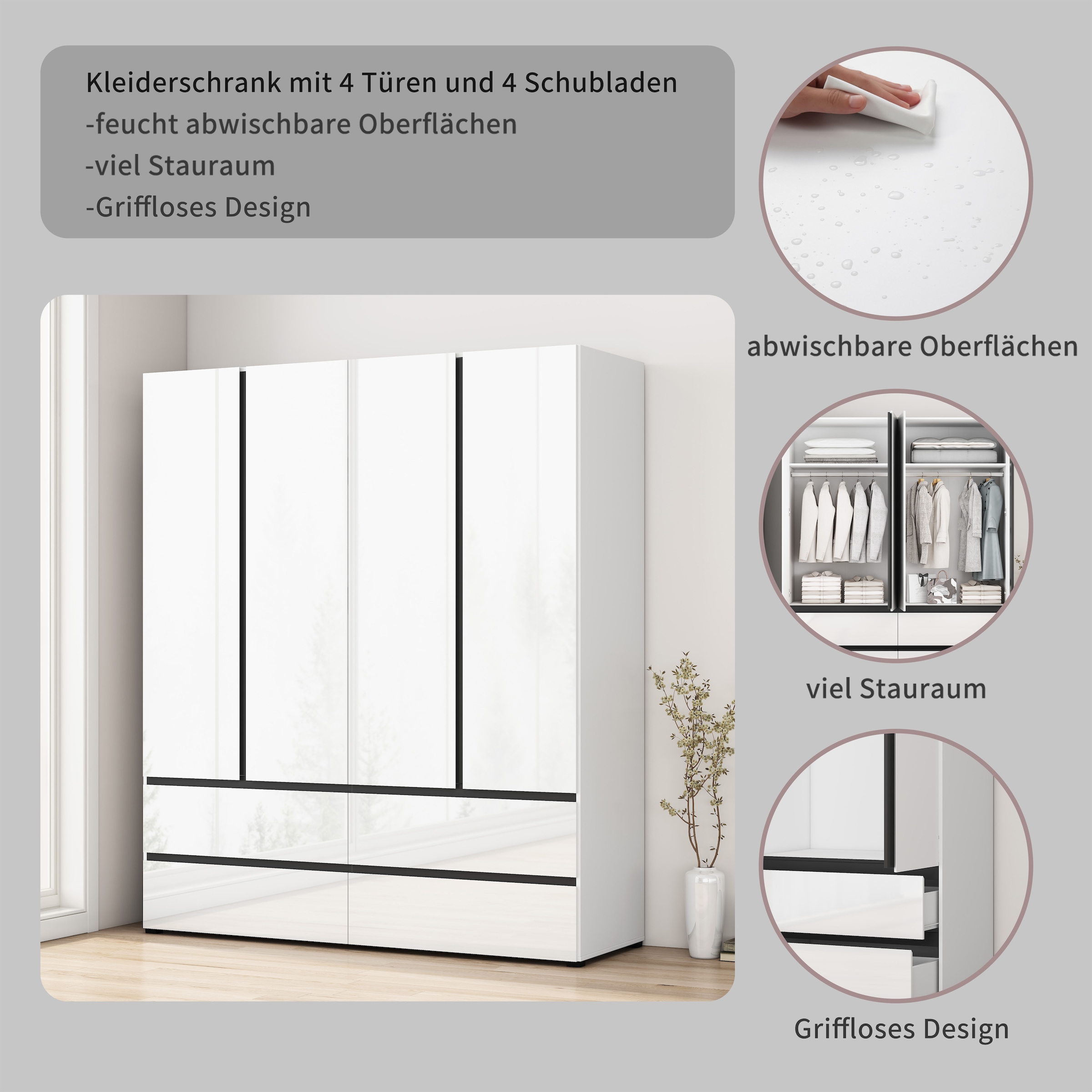 OTTO home Kleiderschrank »Kollin Schlafzimmerschrank mit 4 Türen und 4 Schubladen  Garderobe« Drehtürenschrank mit perfekter Innenausstattung, hochglanz Fronten