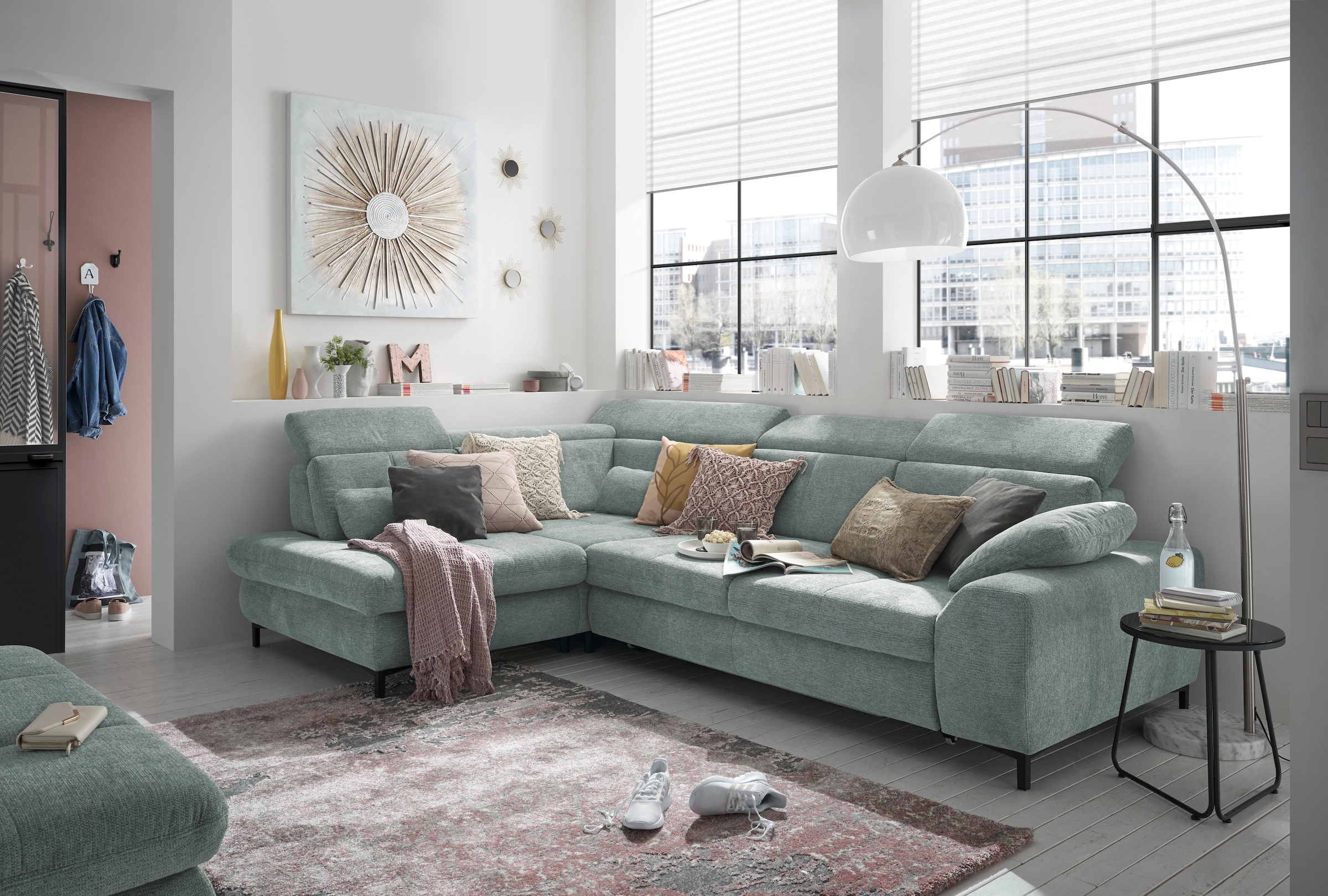 set one by Musterring Ecksofa »SO 3400 Sitzhöhe 47cm oder 49cm, Sitztiefe verstellbar, B/T 317/220 cm«, Kaltschaumpolsterung, Flachgewebe, whlw. mit Funktionen, Sitzhöhe 47