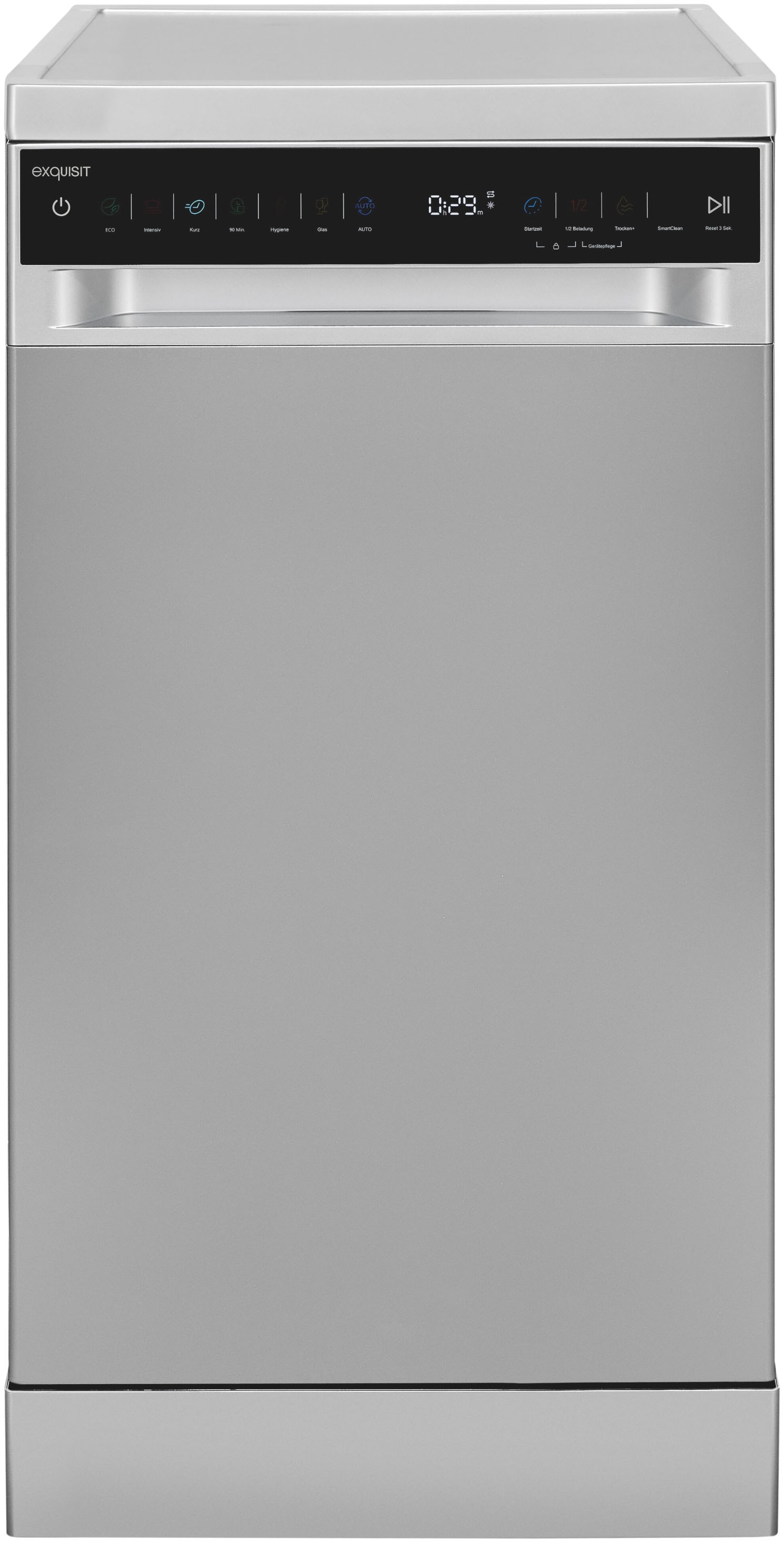 exquisit Standgeschirrspüler "GSP9311-450C silber" 8,3 l 10 tlg. Maßgedecke 10 Maßgedecke, 7 Programme, LED, Besteckkorb, AquaStop