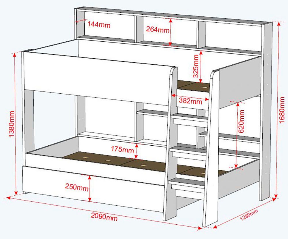 Relita Etagenbett »Sely, viel Funktion auf kleinem Raum, 2 Liegeflächen, modernes Design« viele Regalfächer an der Bettrückseite, inkl. Schublade auf Rollen,  viel Stauraum, pflegeleichte Melamin Oberfläche, 3 Farben zur Wahl