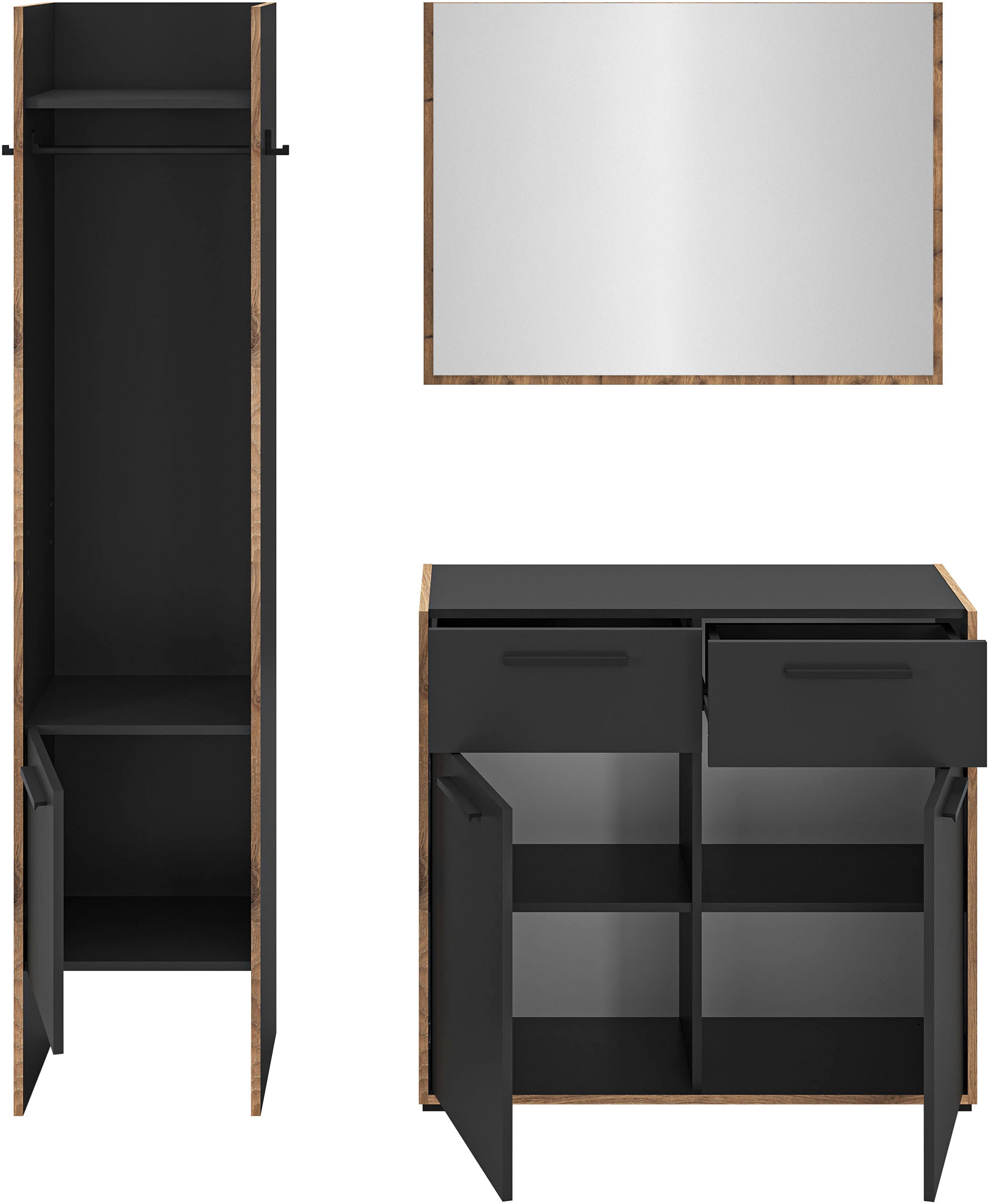 INOSIGN Garderoben-Set »MUSTA, 3-teilig: Garderobenschrank, Kommode & Garderobenspiegel«, Kombination, Kompaktgarderobe, Garderobenkombination, Garderobe
