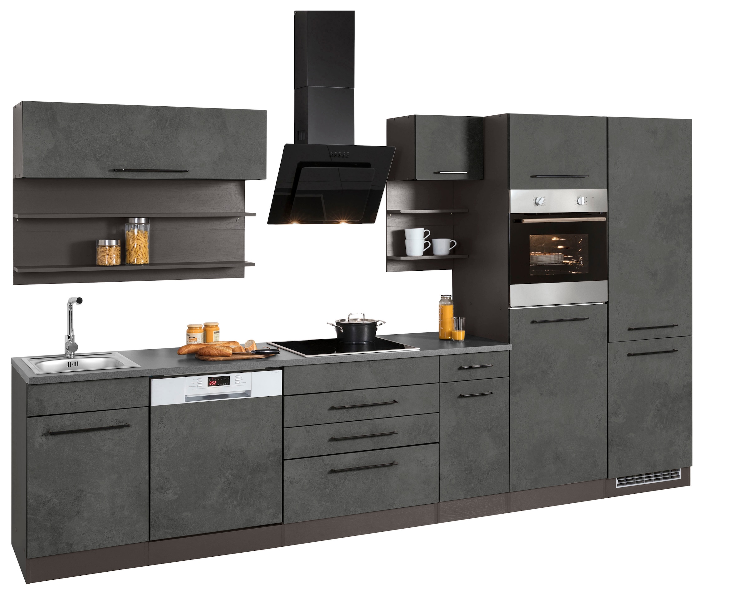 KOCHSTATION Küchenzeile »KS-Tulsa«, ohne E-Geräte, Breite 350 cm, schwarze Metallgriffe, MDF Fronten