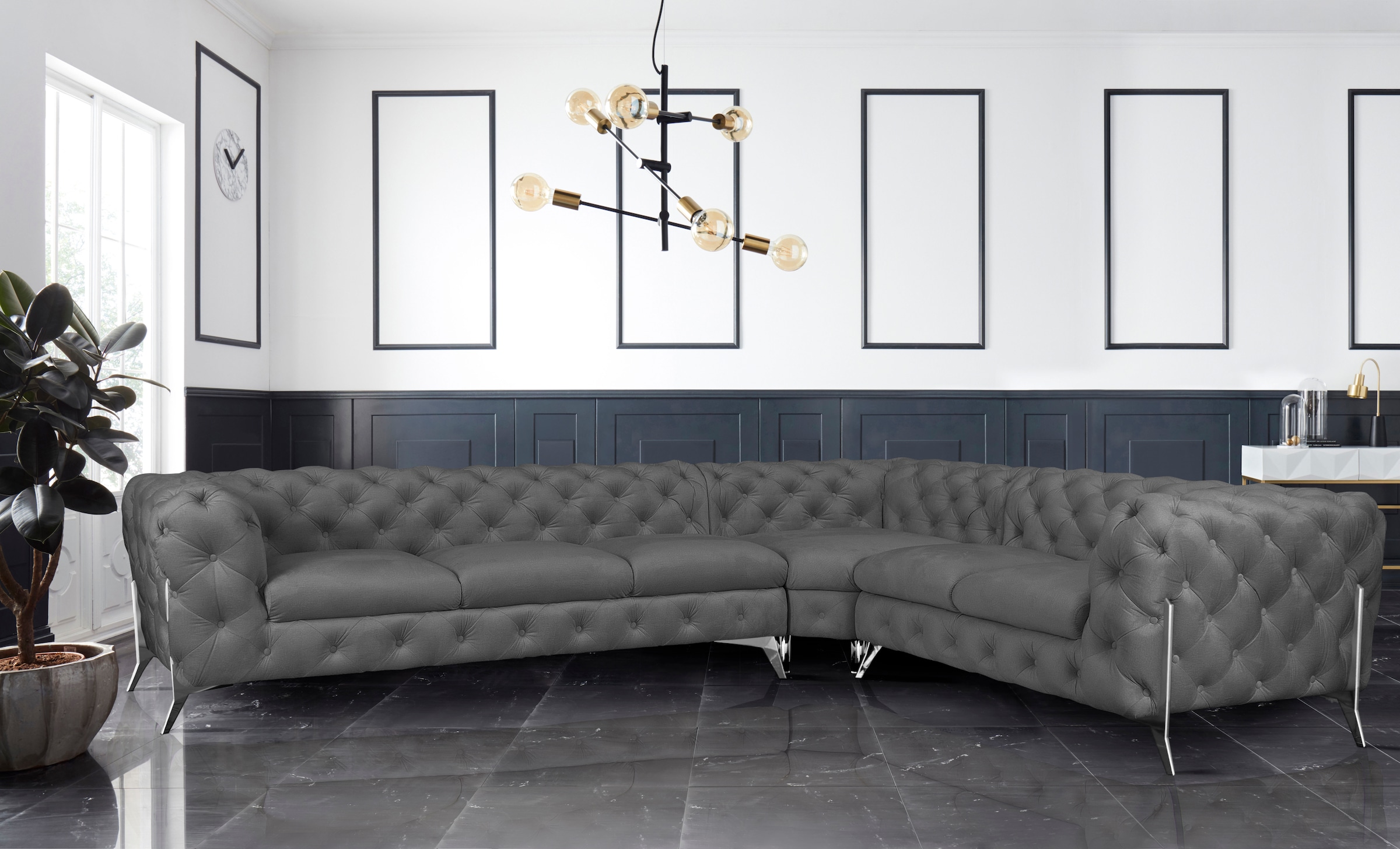 Leonique Chesterfield-Sofa »Amaury L-Form«, großes Ecksofa, Chesterfield-Optik, Breite 323 cm, Fußfarbe wählbar