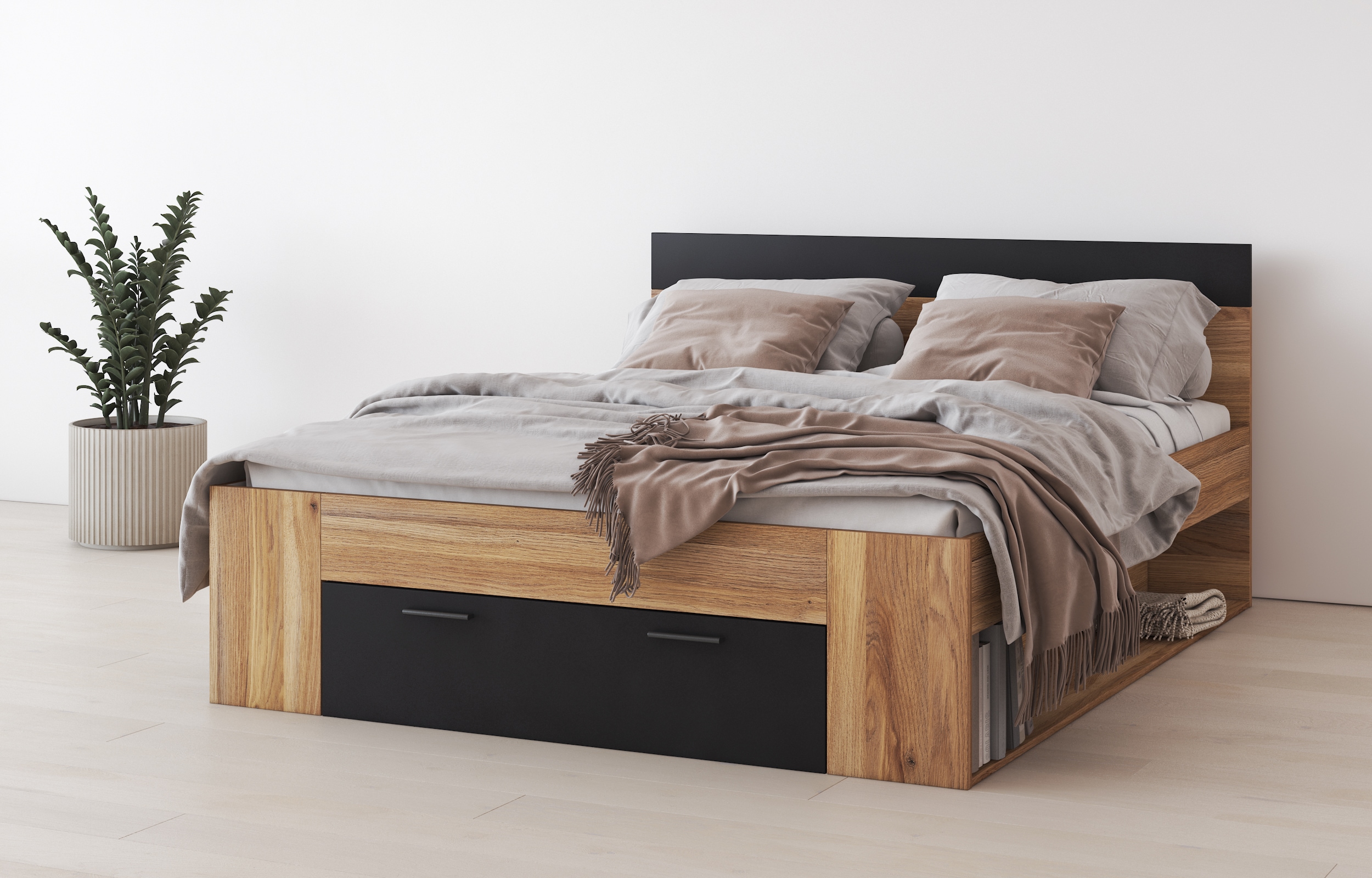 Home affaire Bettgestell "Faweza, Breite 160 bzw. 180 cm, Stauraumbett" Funktionsbett Schublade mit extra viel Stauraum