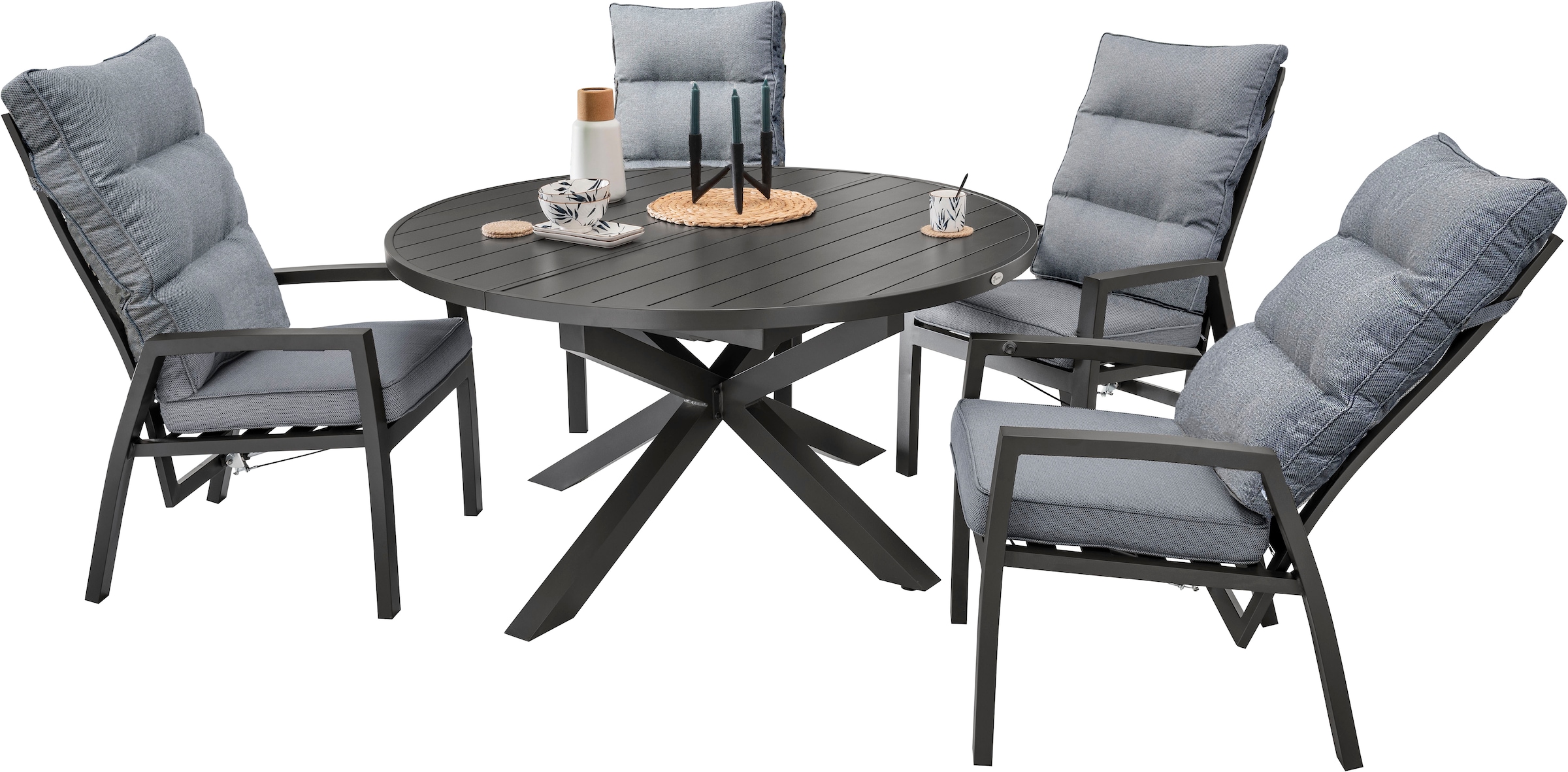 Destiny Garten-Essgruppe "GARDA ARONA 4 HL + Ausziehtisch Ø145/199cm, anthrazit" Set, 9 Stk. tlg. Aluminium