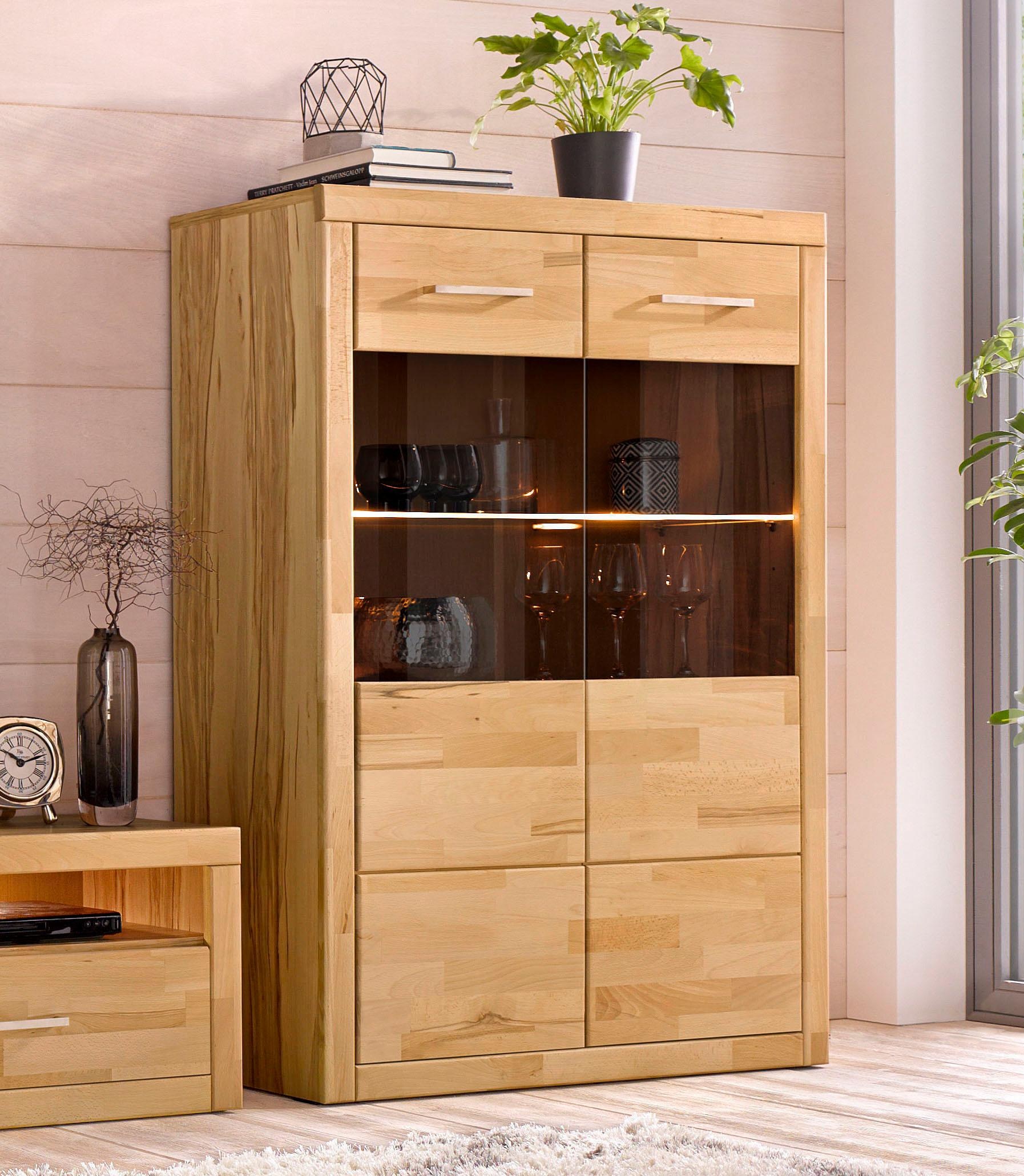 Home affaire Stauraumvitrine »Ribe,90cm breit,125cm hoch, Fronten Massivholz,4 breite Fächer«, Korpus Holzwerkstoff,2Türen mit Glaseinsatz, Böden versetzbar