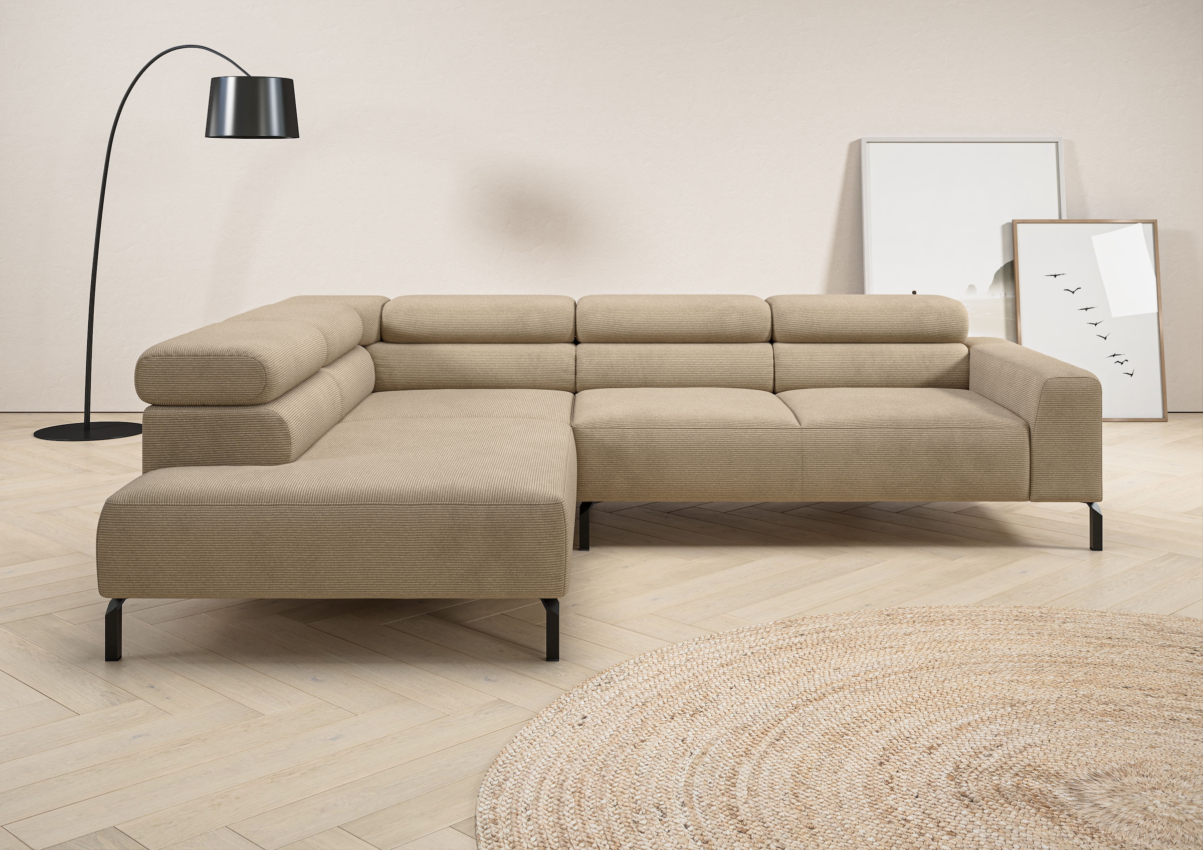 Home affaire Ecksofa "Antonelli, L-Form, inkl. Kopfteilverstellung, Breite 276 cm" ohne Sitztiefenverstellung, in Feincord, sand