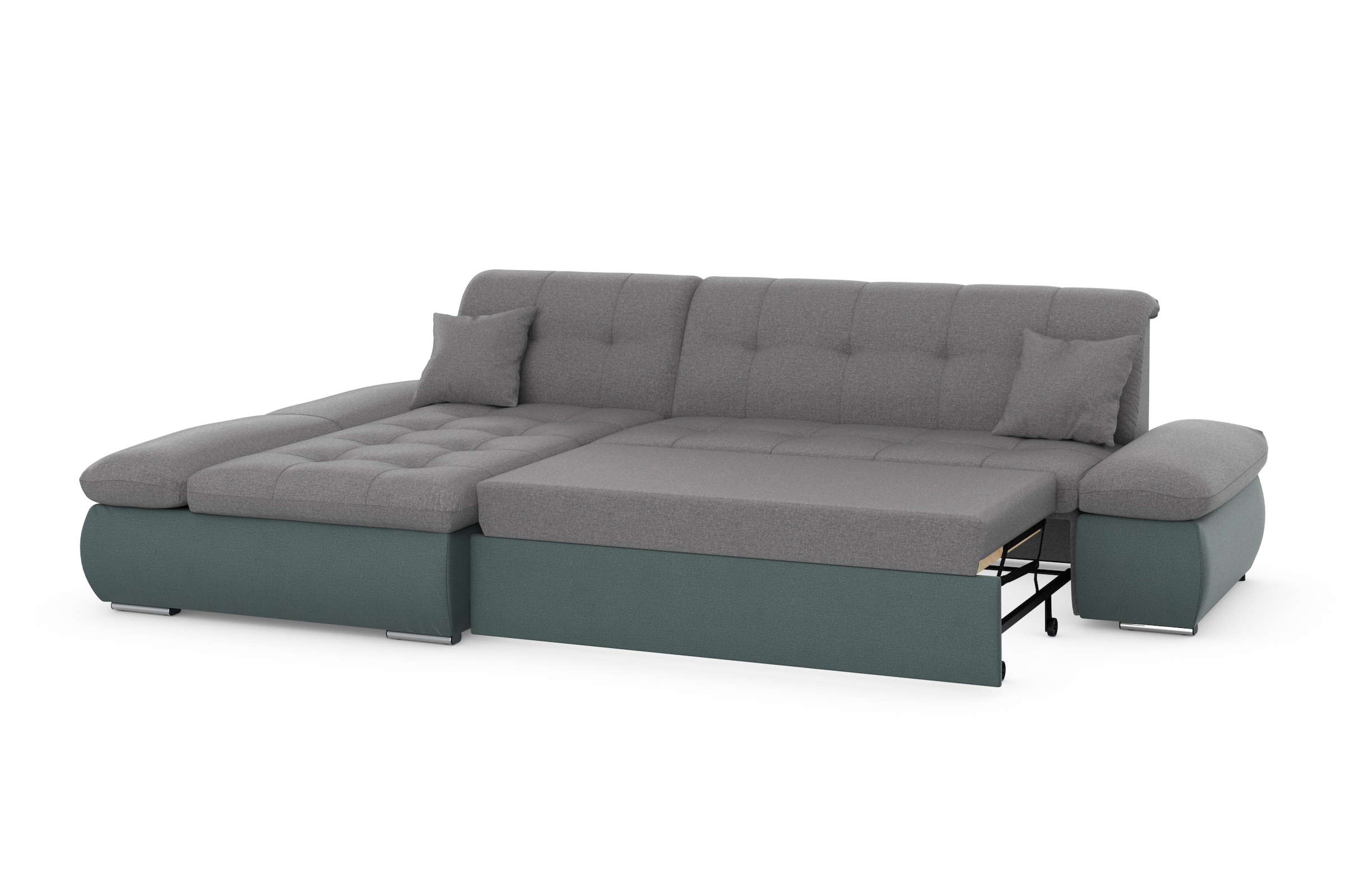 DOMO collection Ecksofa »Moric, L-Form, XXL-Sofa - Breite 300cm«, wahlweise mit Bettfunktion und Armteilverstellung, eibsblau-grau