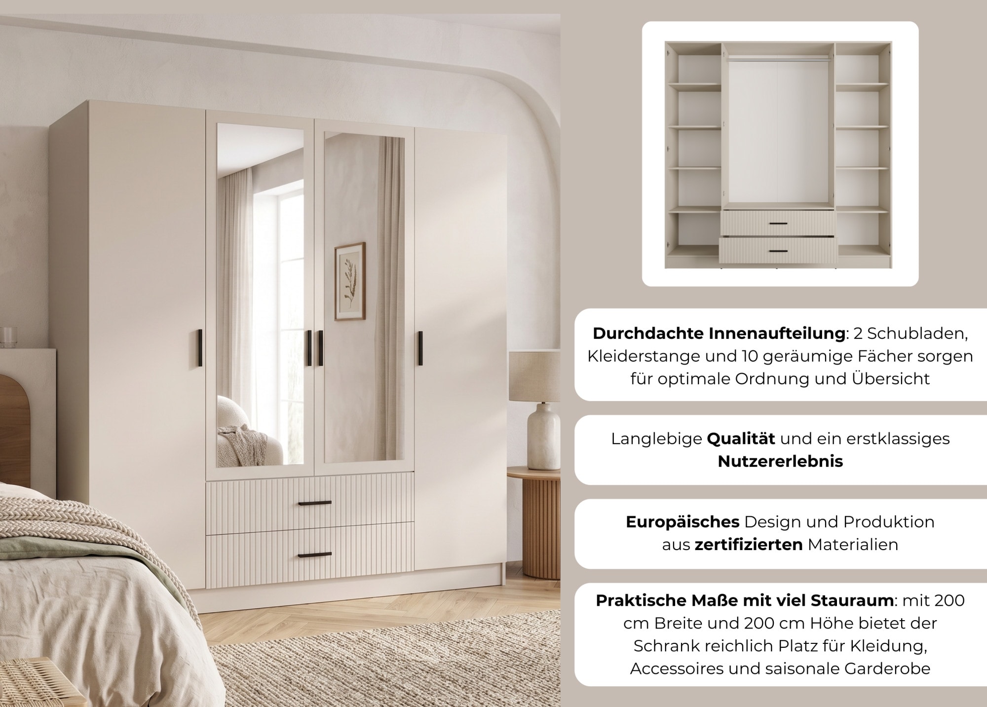 OTTO home Kleiderschrank »TERRIK,  modern mit viel Stauraum & geriffelter Struktur, Spiegel« B/H/T ca. 200/200/60,  Schrank mit 11 Fächern, Kleiderstange, 2 Schubladen, Made in EU