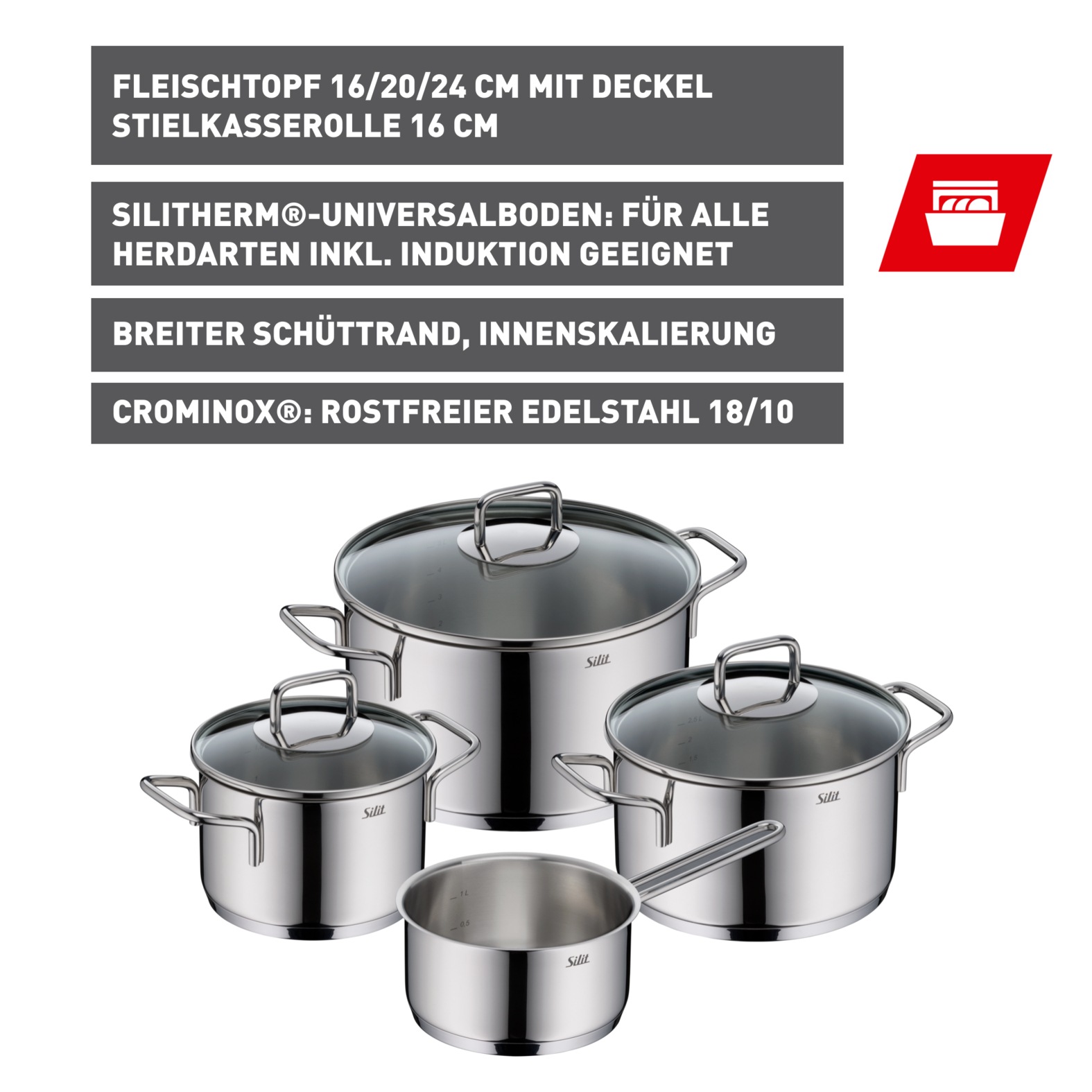 Silit Topf-Set "Extra Cook Induktion, Kochgeschirr-Set mit Glasdeckel, Innenskalierung" 3x Kochtöpfe 16/20/24 cm mit Deckel, 1x Stielkasserolle 16 cm, Edelstahl 18/10