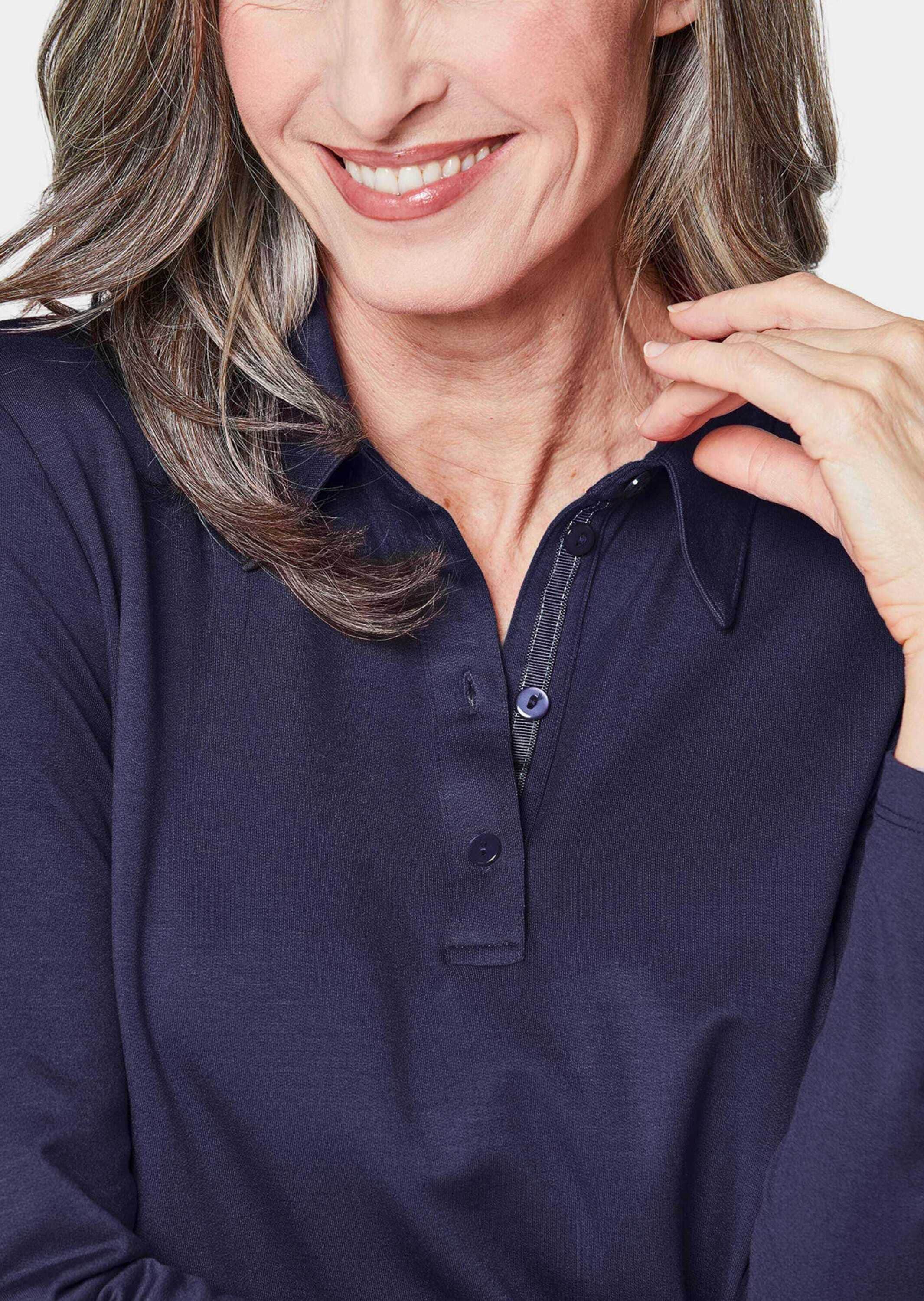 GOLDNER Poloshirt »Poloshirt Langarm Poloshirt mit Schmuckband an Knopfleiste«