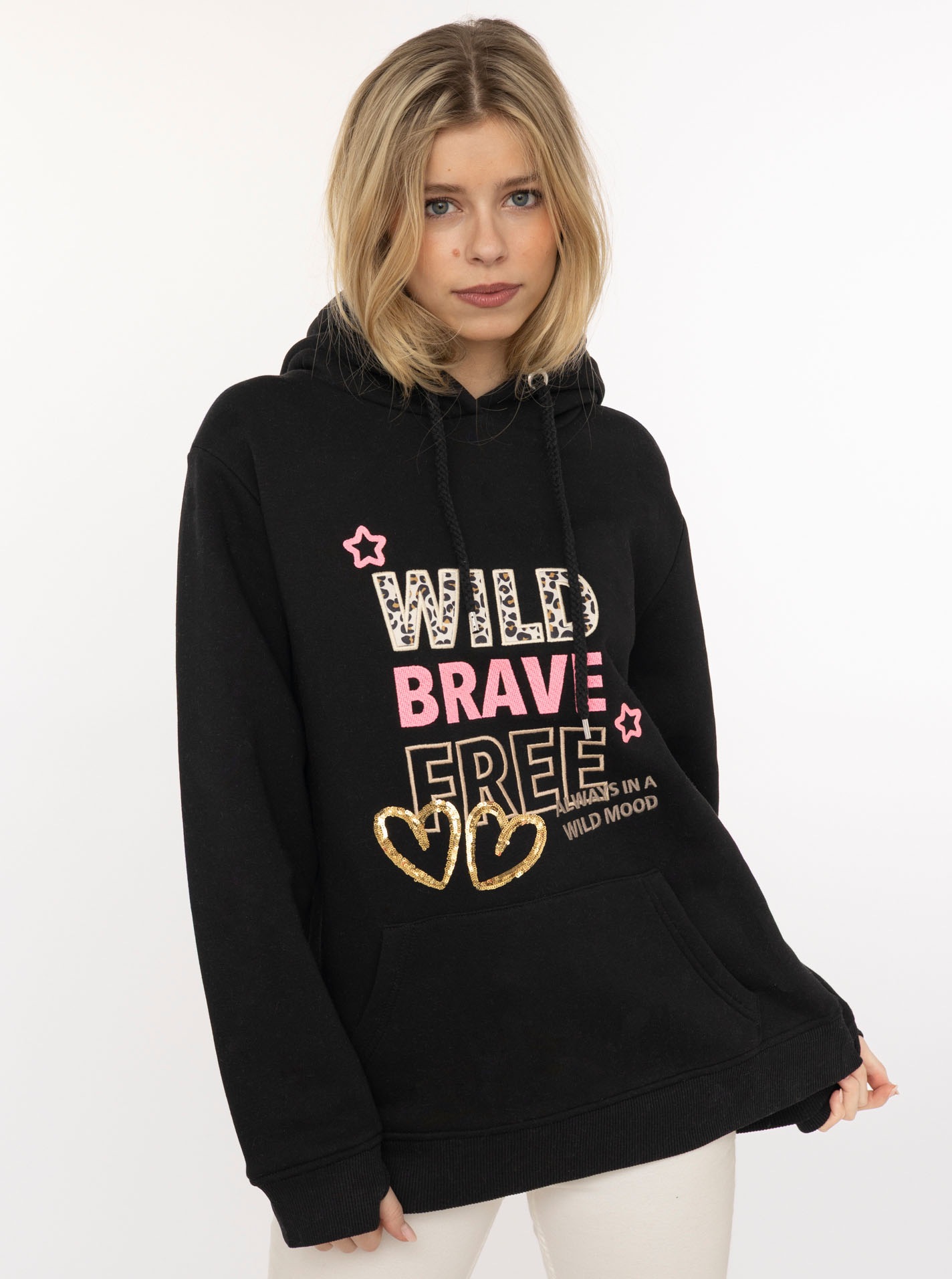 Zwillingsherz Hoodie ""Wild Brave Free"", gestickter Schriftzug, mit Paille günstig online kaufen